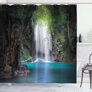Ambesonne Floral Shower Curtain, Curved Flower Leaf Ornate Blooming Branches Romantic Love Print Art, Cloth Fabric Bathroom Decor Set with Hooks, 69″ W x 70″ L, Pale Tan(Fern Green)