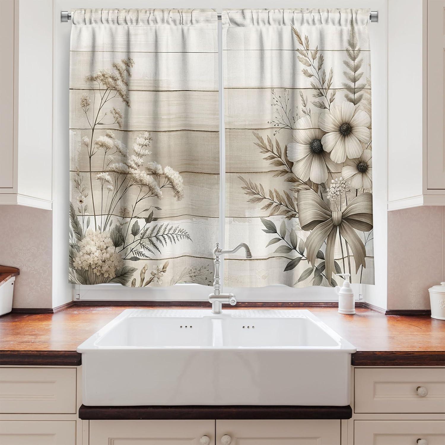 imageAmbesonne Floral Kitchen Curtains Neutral Boho Rice Flowers and Leaves on Farmhouse Rustic Back Print Window Drapes 2 Panel Set for Kitchen Cafe Decor 55 x 36 Off White Grey Yellow