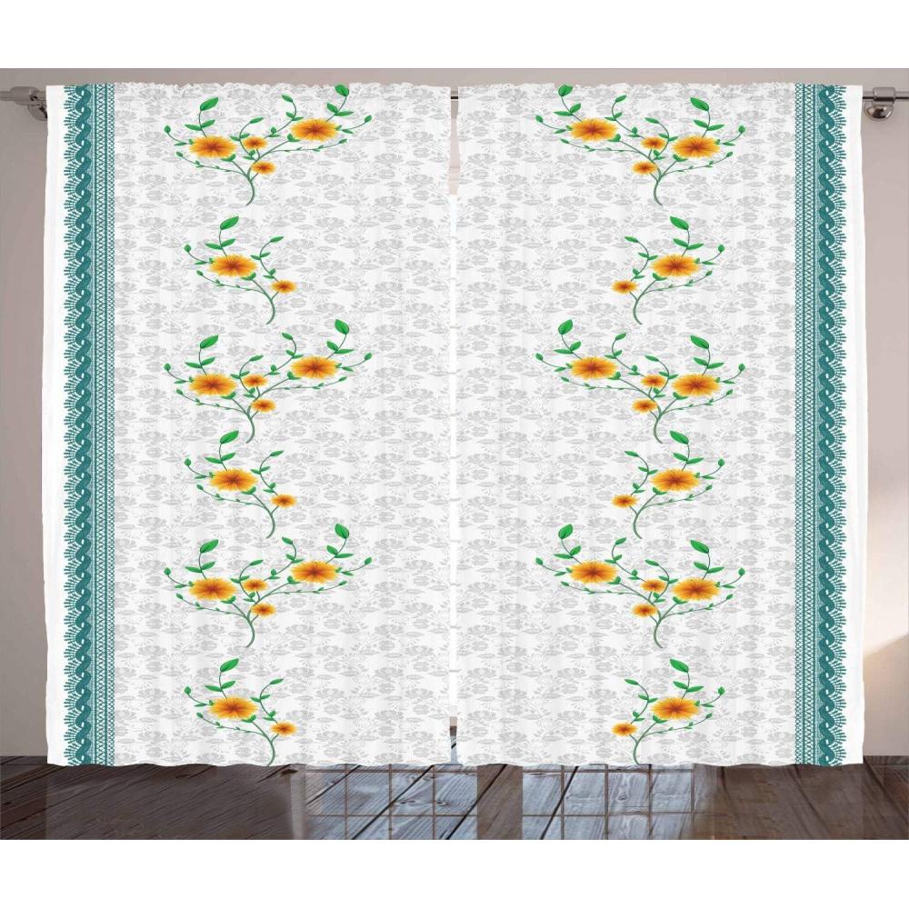 imageAmbesonne Floral Curtains Swriling Summer Bloom Flora and Stripes on Neutral Flora Living Room Bedroom Window Drapes 2 Panel Set 108 X 84 Teal Marigold