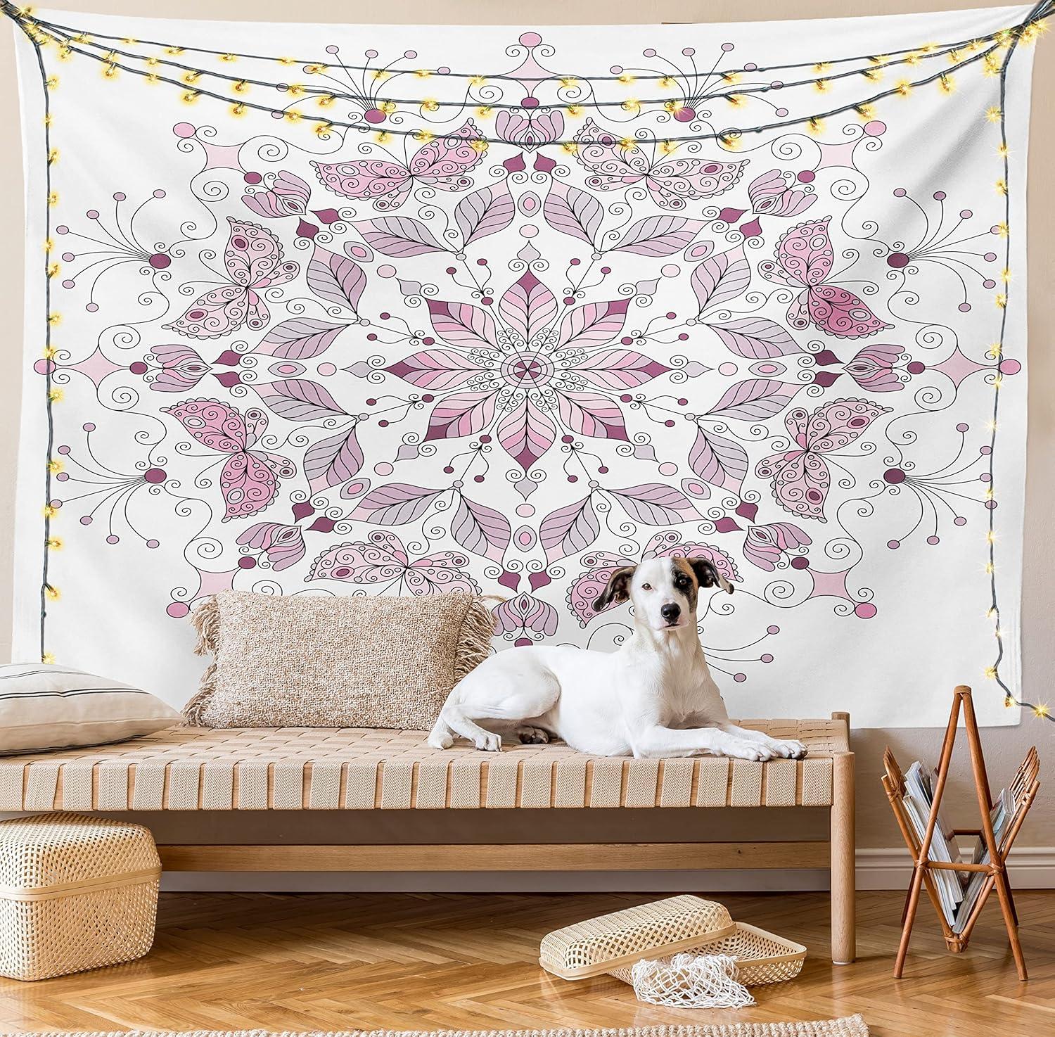 imageAmbesonne Antique Tapestry Old World Map Texture Nostalgic Plan Atlas Trace of Life Wide Wall Hanging for Bedroom Living Room Dorm 60 X 40 Khaki BeigePale Pink and White