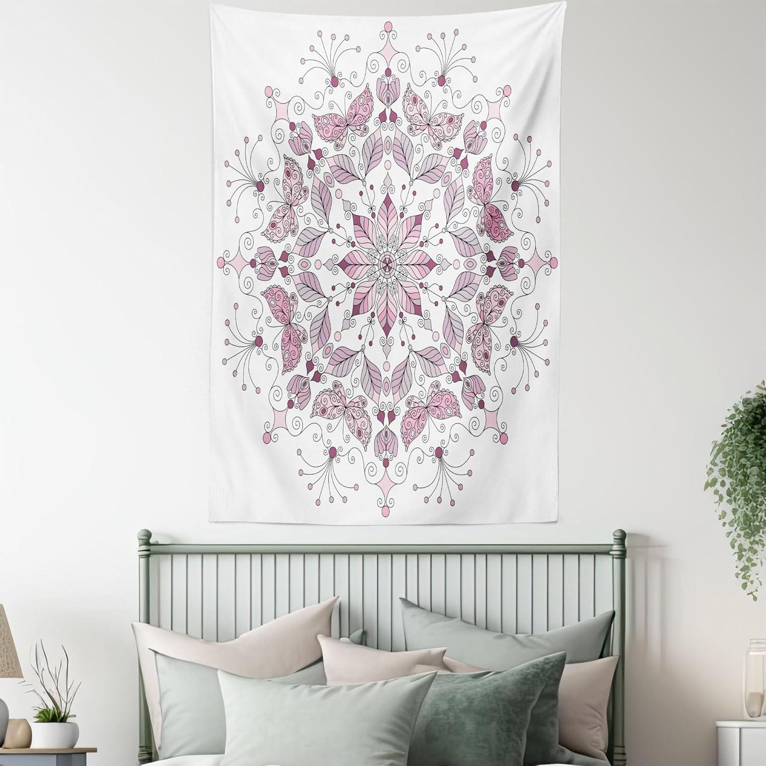imageAmbesonne Antique Tapestry Old World Map Texture Nostalgic Plan Atlas Trace of Life Wide Wall Hanging for Bedroom Living Room Dorm 60 X 40 Khaki BeigePale Pink and White