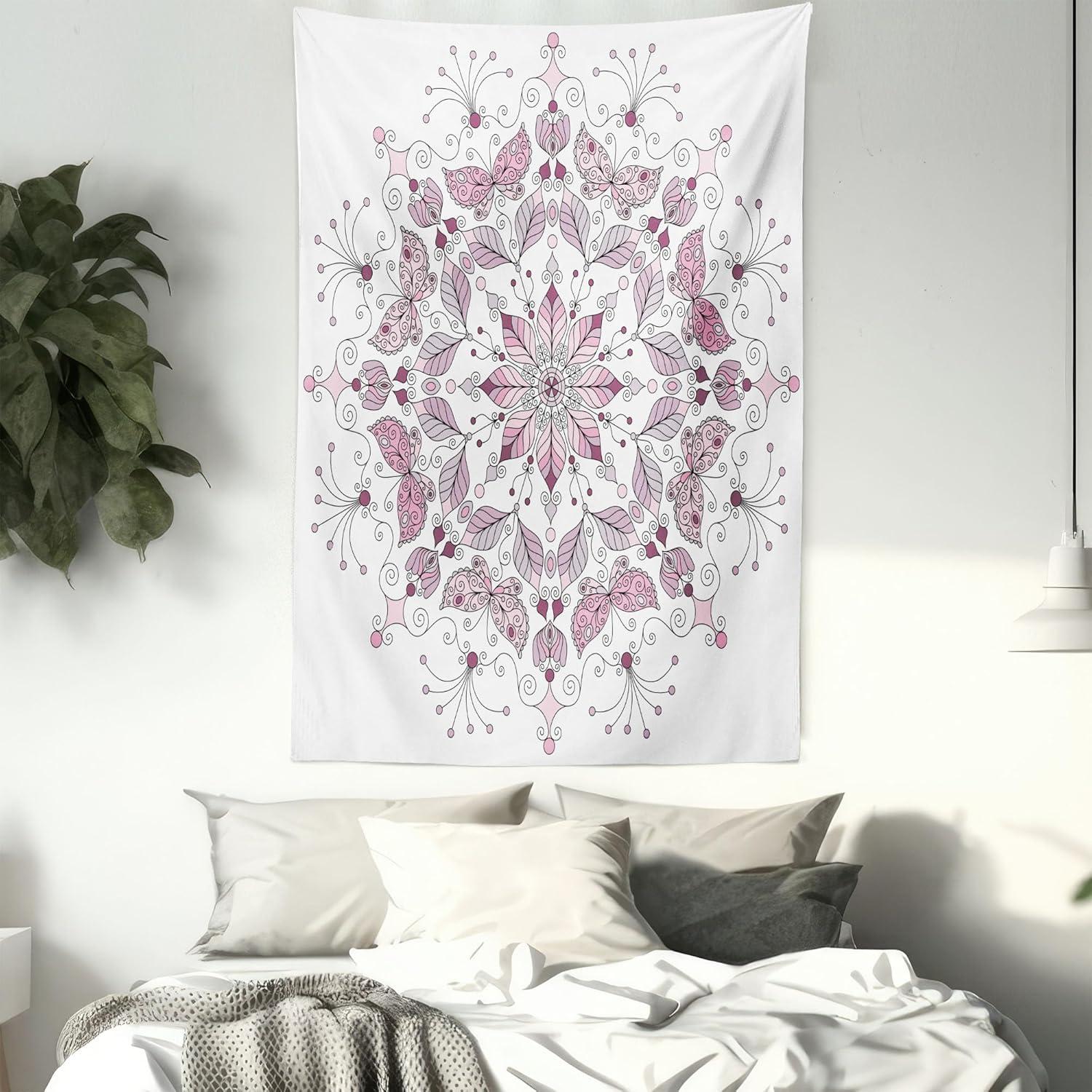 imageAmbesonne Antique Tapestry Old World Map Texture Nostalgic Plan Atlas Trace of Life Wide Wall Hanging for Bedroom Living Room Dorm 60 X 40 Khaki BeigePale Pink and White