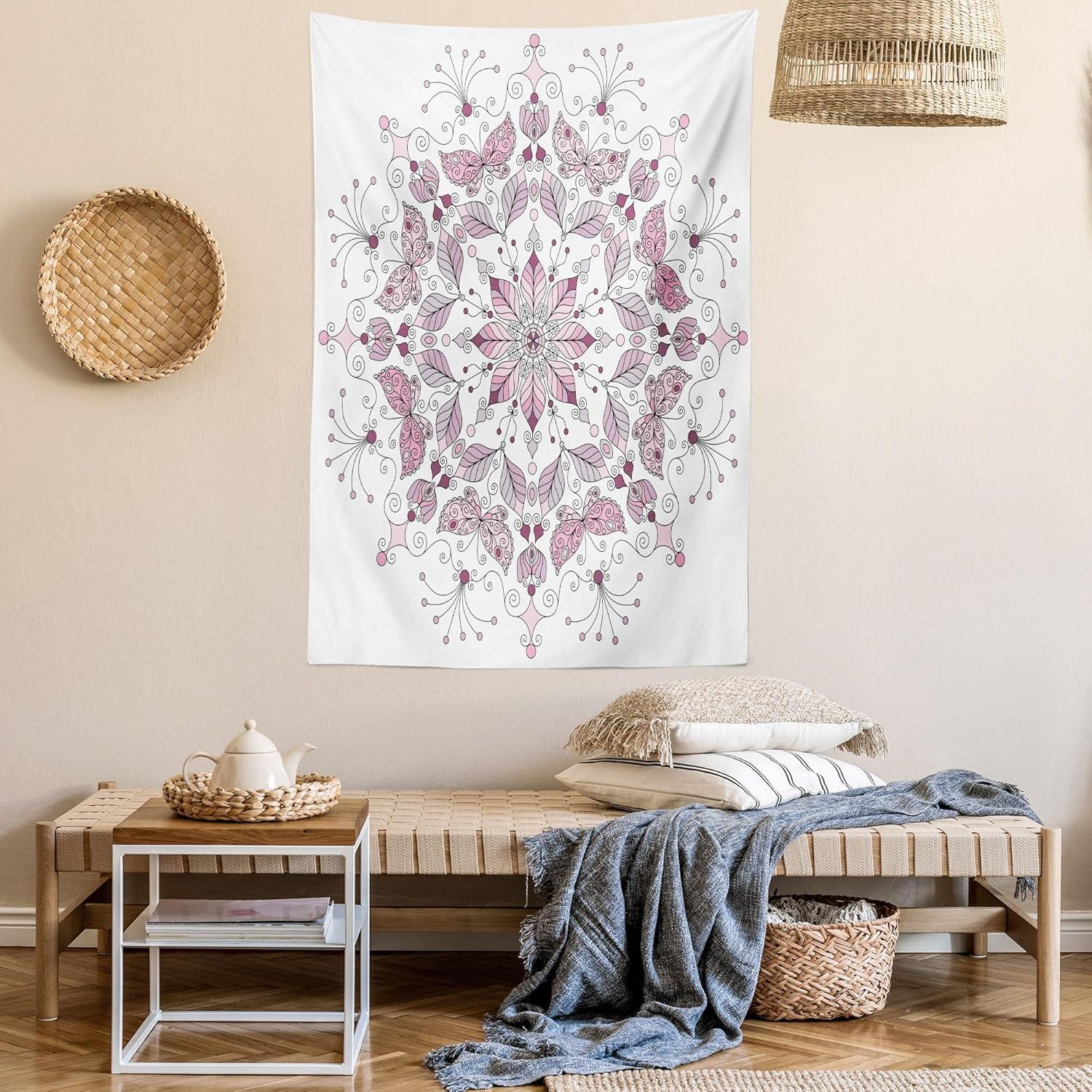 imageAmbesonne Antique Tapestry Old World Map Texture Nostalgic Plan Atlas Trace of Life Wide Wall Hanging for Bedroom Living Room Dorm 60 X 40 Khaki BeigePale Pink and White