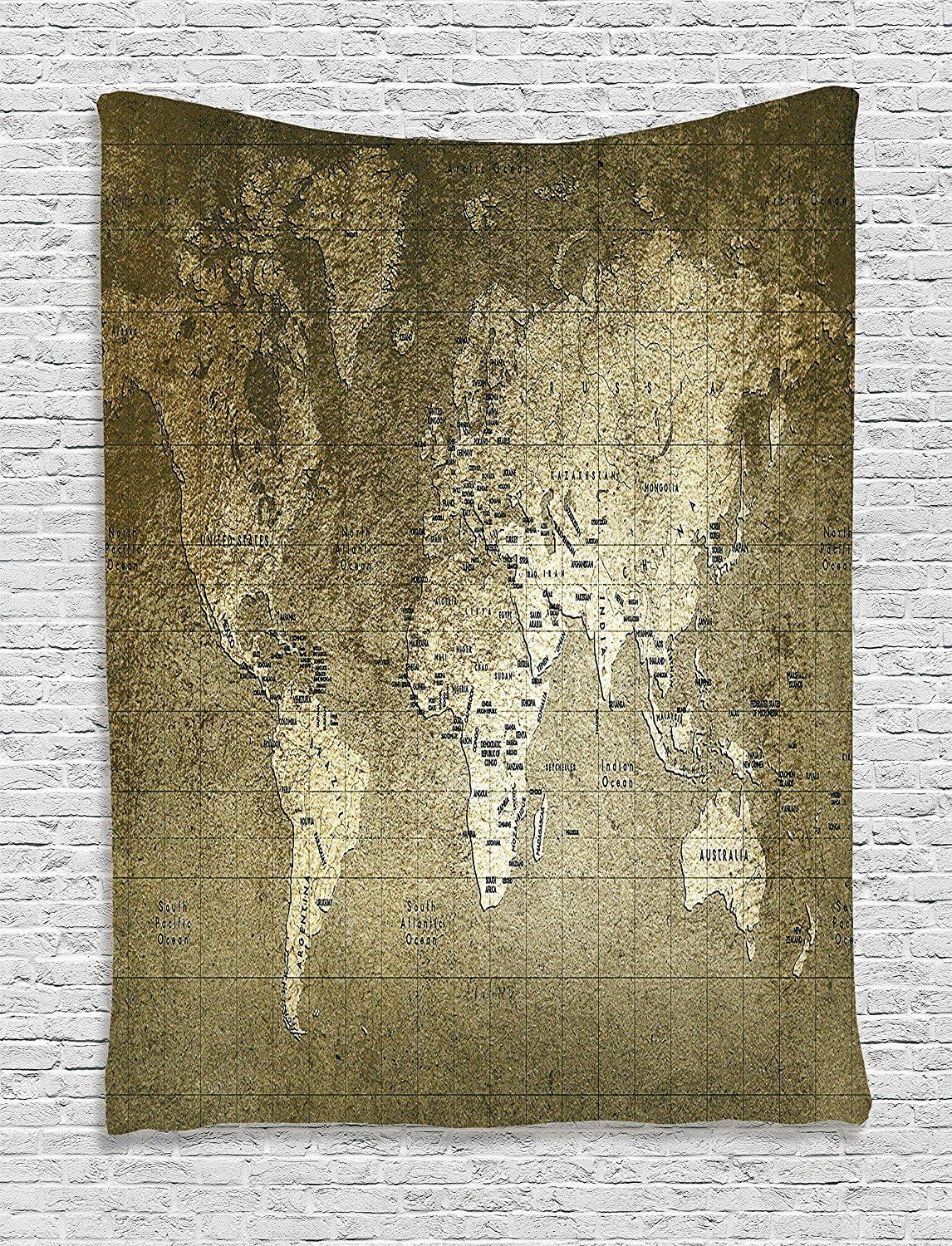 imageAmbesonne Antique Tapestry Old World Map Texture Nostalgic Plan Atlas Trace of Life Wide Wall Hanging for Bedroom Living Room Dorm 60 X 40 Khaki BeigeKhaki Beige