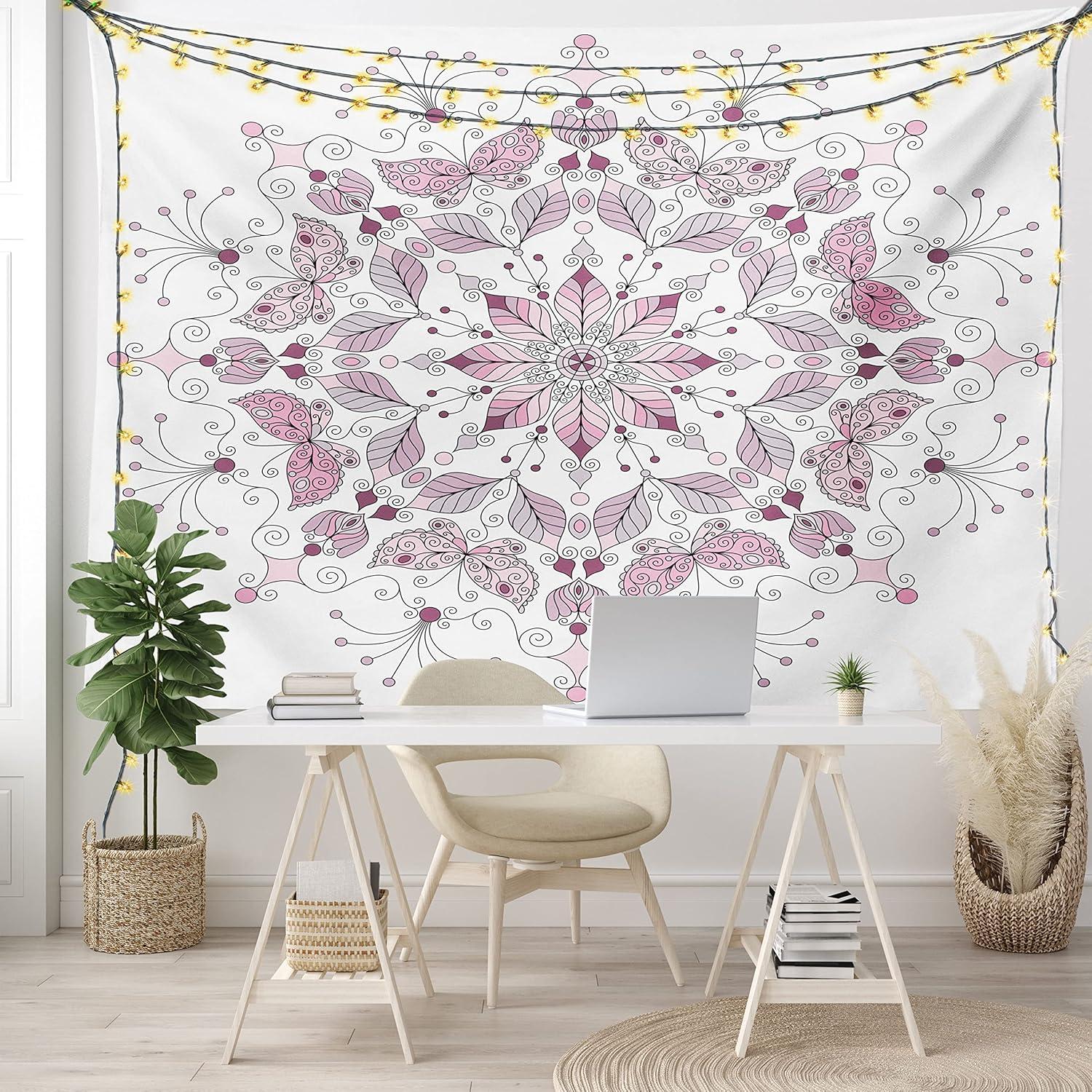 imageAmbesonne Antique Tapestry Old World Map Texture Nostalgic Plan Atlas Trace of Life Wide Wall Hanging for Bedroom Living Room Dorm 60 X 40 Khaki BeigePale Pink and White