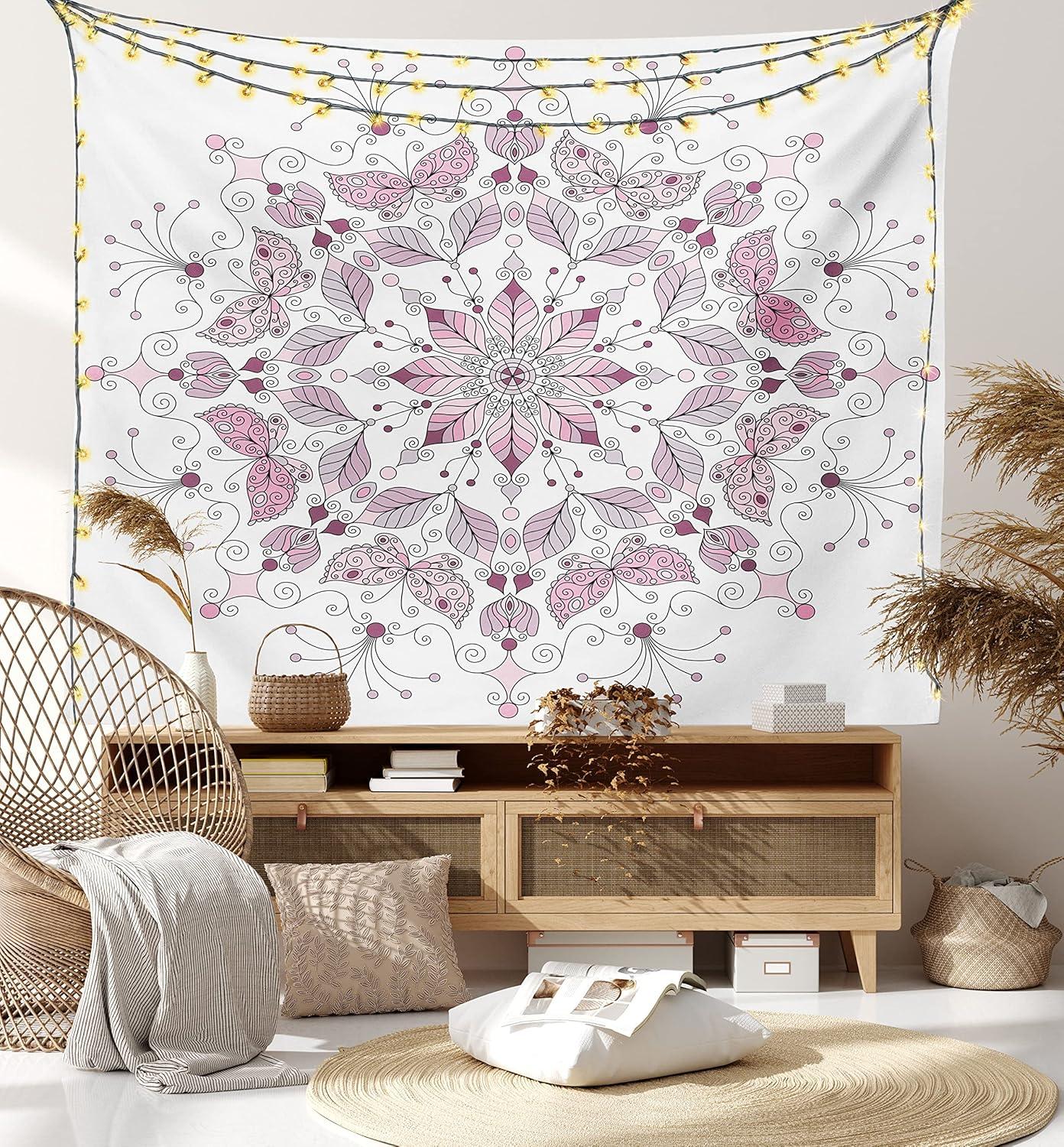 imageAmbesonne Antique Tapestry Old World Map Texture Nostalgic Plan Atlas Trace of Life Wide Wall Hanging for Bedroom Living Room Dorm 60 X 40 Khaki BeigePale Pink and White