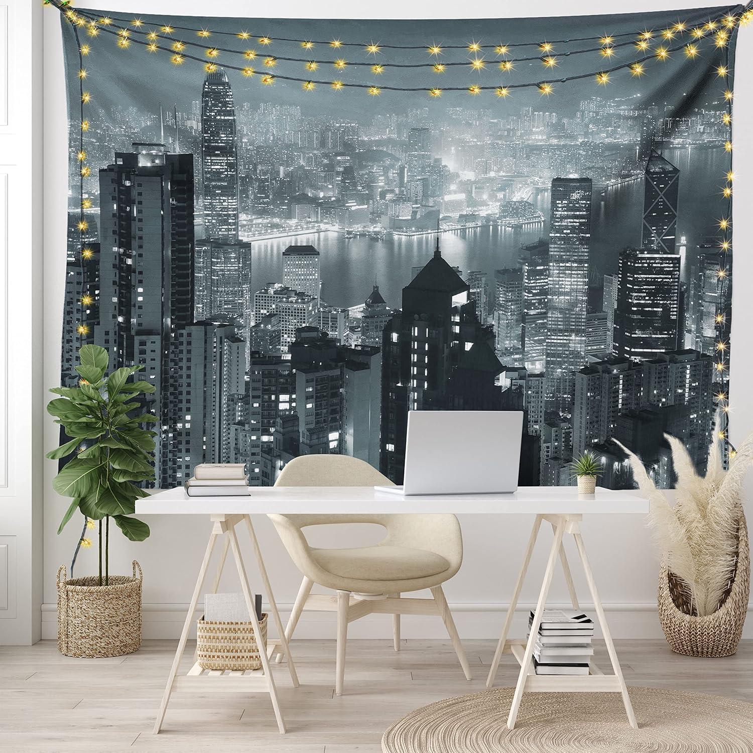 imageAmbesonne City Tapestry Aerial Night of View Hong Kong Skyline Famous Modern Urban Town Metropolis Panorama Image Wide Wall Hanging for Bedroom Living Room Dorm 60 X 40 Dark Teal Grey