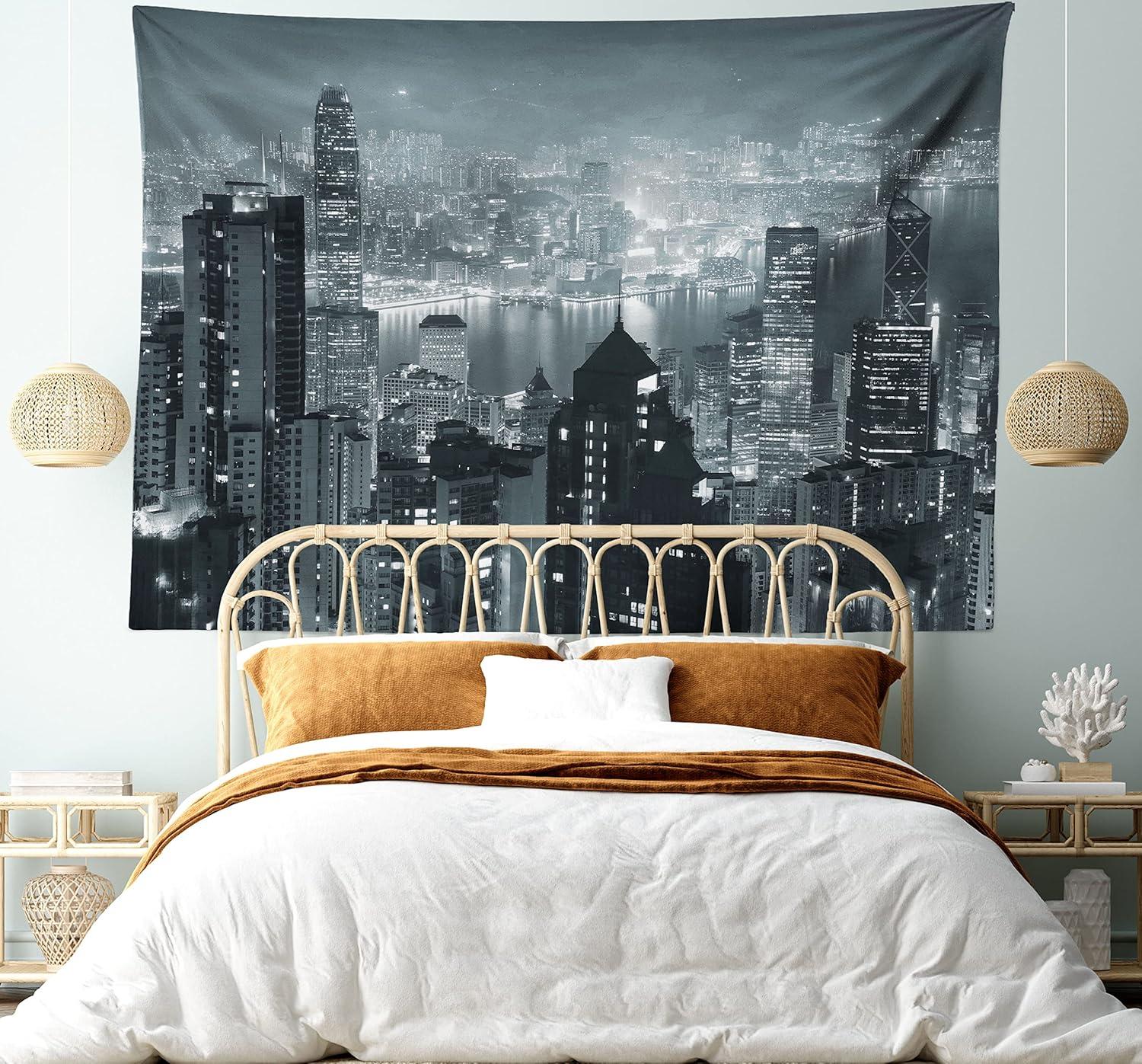 imageAmbesonne City Tapestry Aerial Night of View Hong Kong Skyline Famous Modern Urban Town Metropolis Panorama Image Wide Wall Hanging for Bedroom Living Room Dorm 60 X 40 Dark Teal Grey