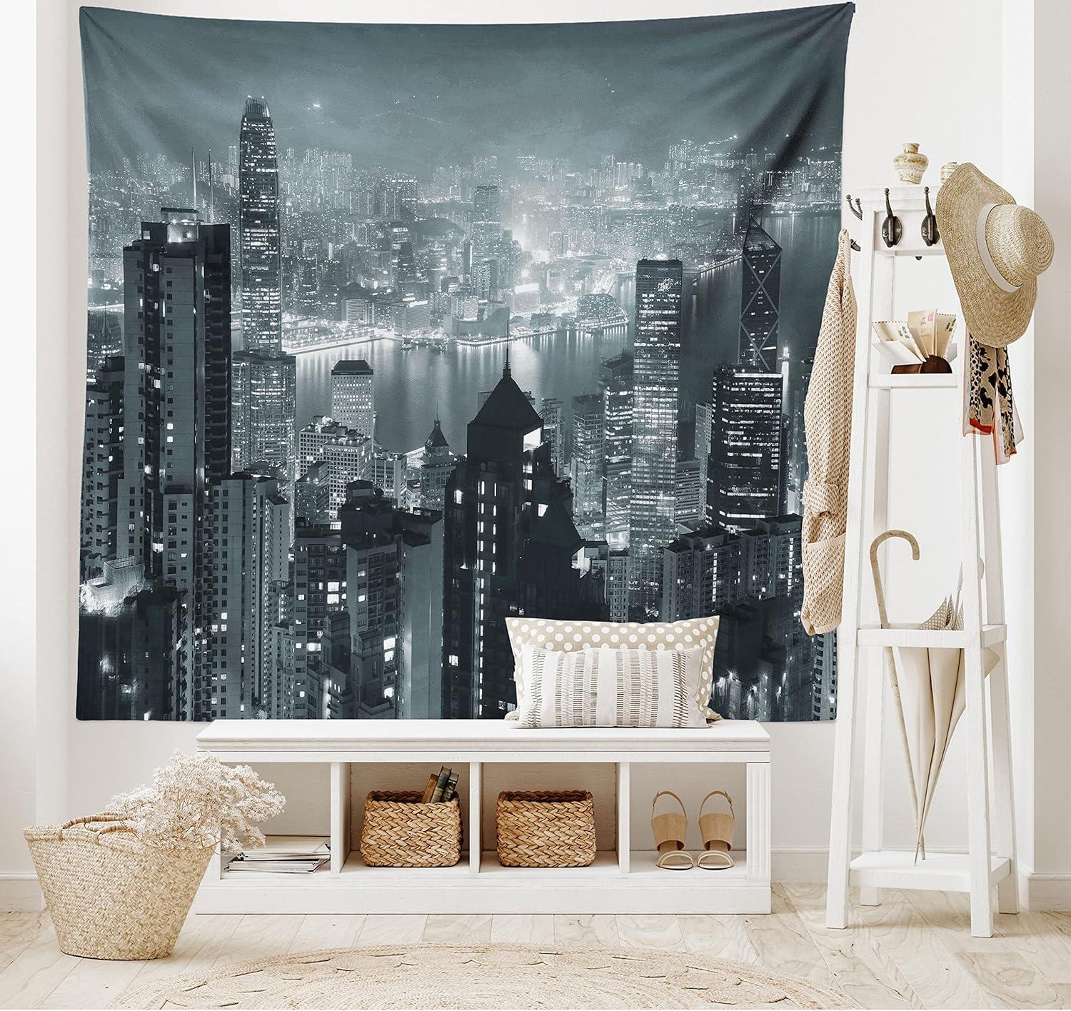 imageAmbesonne City Tapestry Aerial Night of View Hong Kong Skyline Famous Modern Urban Town Metropolis Panorama Image Wide Wall Hanging for Bedroom Living Room Dorm 60 X 40 Dark Teal Grey