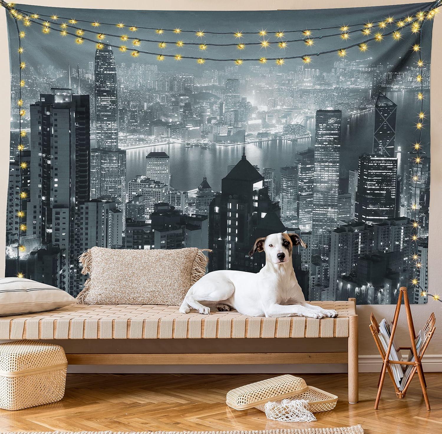 imageAmbesonne City Tapestry Aerial Night of View Hong Kong Skyline Famous Modern Urban Town Metropolis Panorama Image Wide Wall Hanging for Bedroom Living Room Dorm 60 X 40 Dark Teal Grey
