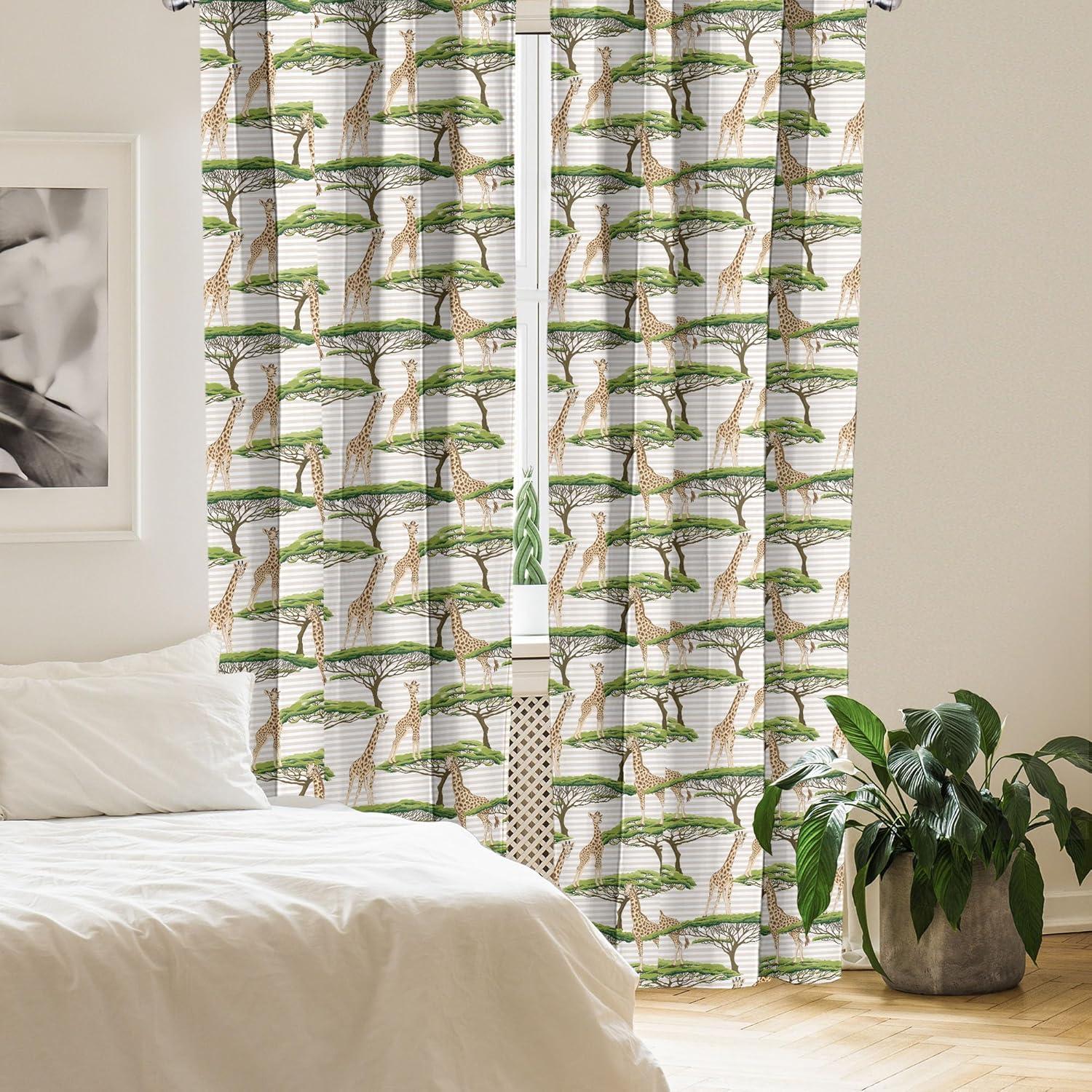 imageAmbesonne Giraffe Curtains Animal Print with African Tree Cartoon Concept Nature Art on Neutral Stripes Window Treatments 2 Panel Set for Living Room Bedroom Pair of 28 x 63 Green Camel TanGreen Camel Tan