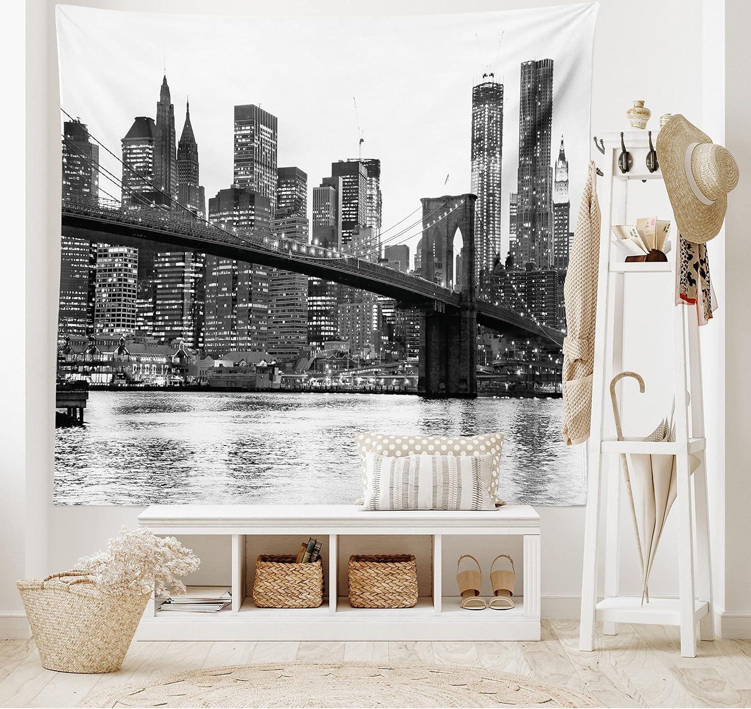 imageAmbesonne Modern Tapestry Brooklyn Bridge Sunset Manhattan American New York City Famous Town Image Wide Wall Hanging for Bedroom Living Room Dorm 80 X 60 Black White