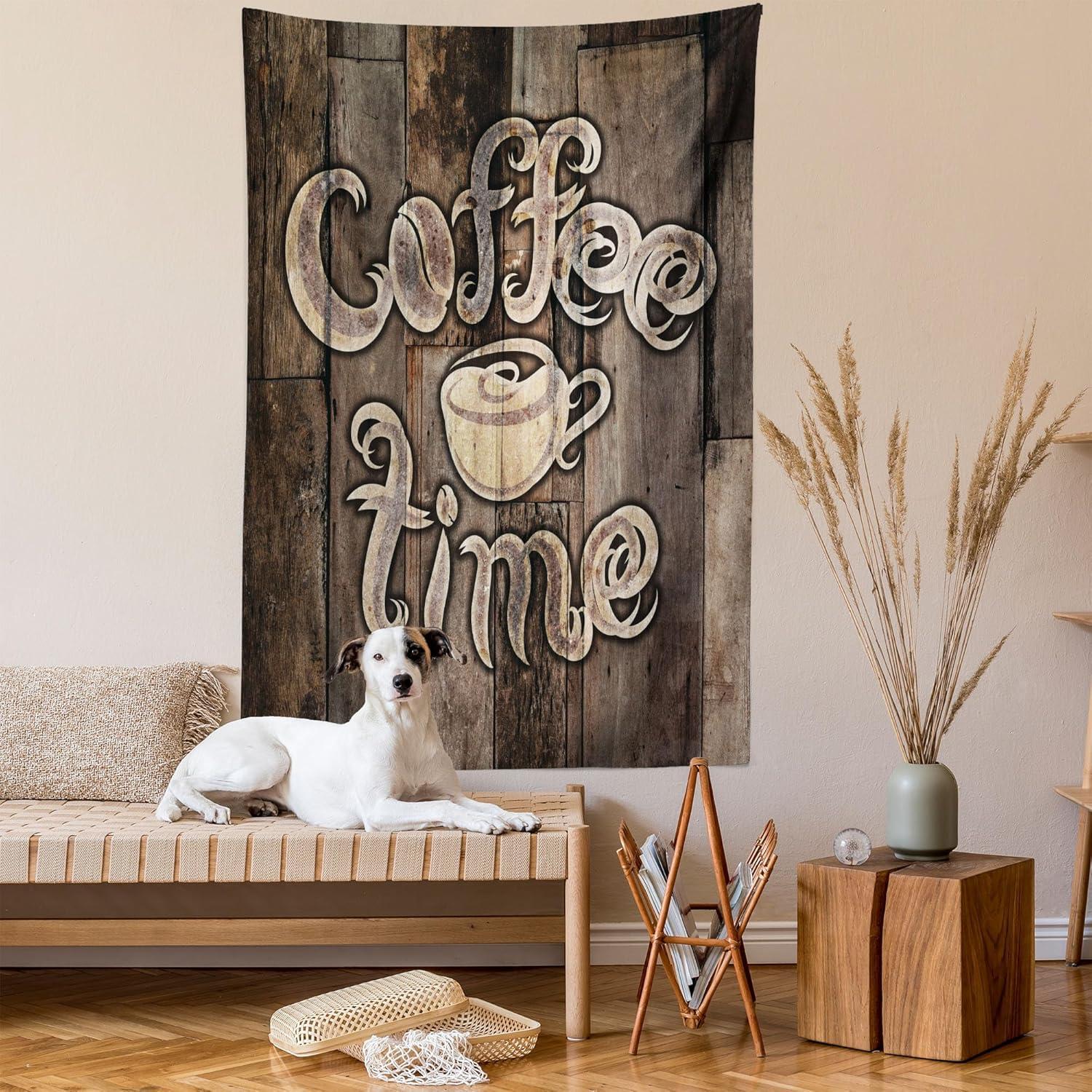 imageAmbesonne Modern Tapestry Coffee Time Phrase with a Cup on a Wooden Grunge Background Kitchen Image Fabric Wall Hanging Decor for Bedroom Living Room Dorm 30 X 45 Umber Cream Cocoa