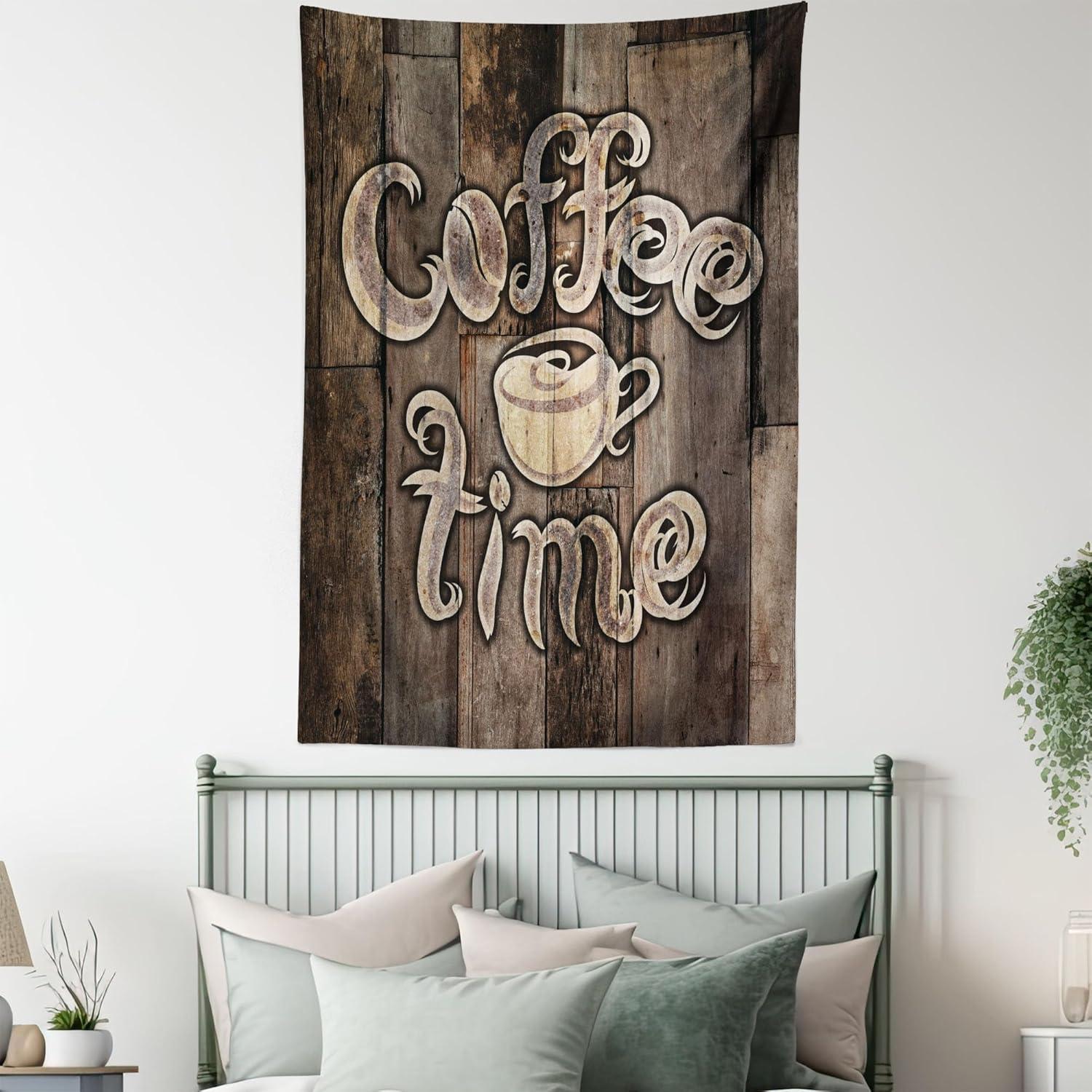 imageAmbesonne Modern Tapestry Coffee Time Phrase with a Cup on a Wooden Grunge Background Kitchen Image Fabric Wall Hanging Decor for Bedroom Living Room Dorm 30 X 45 Umber Cream Cocoa