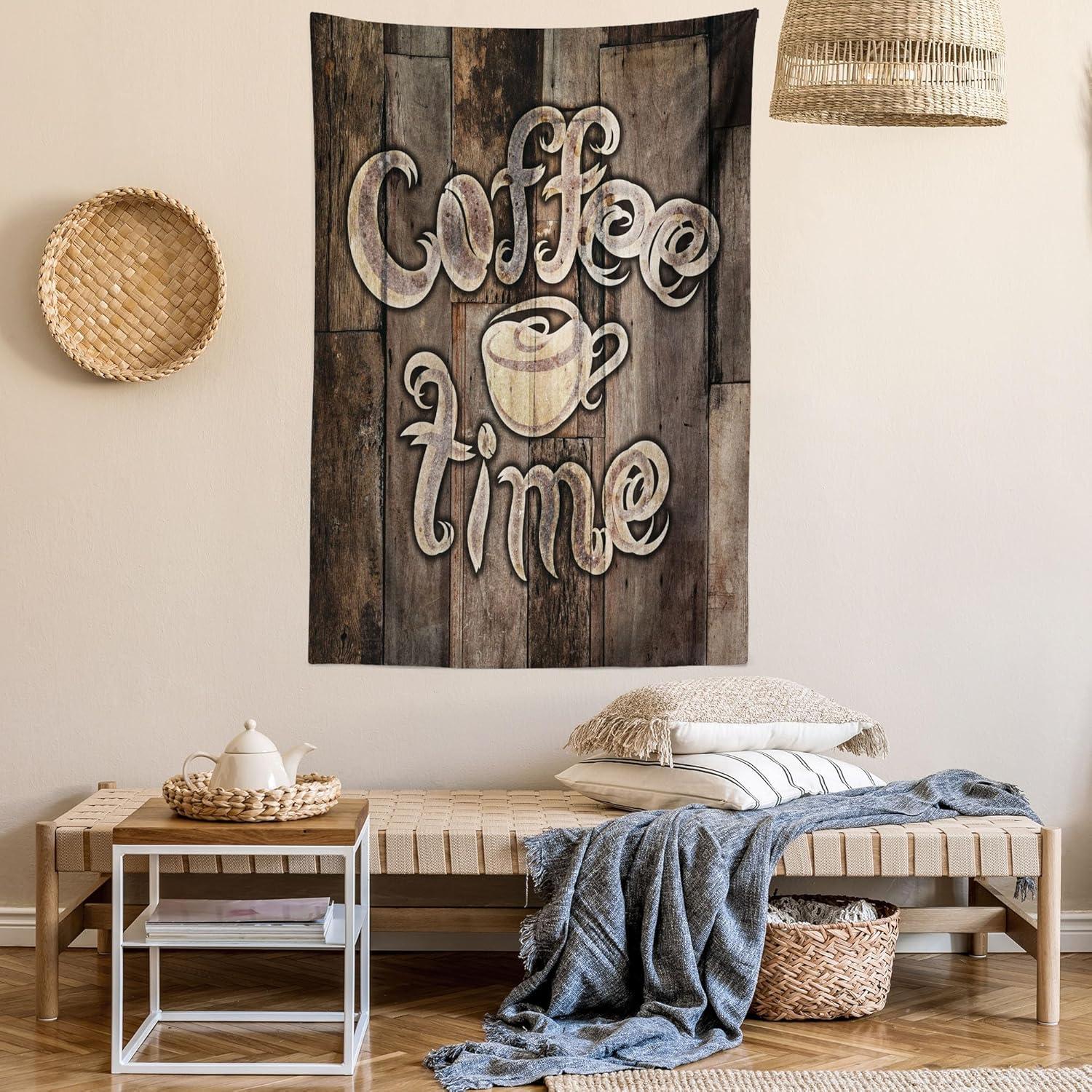 imageAmbesonne Modern Tapestry Coffee Time Phrase with a Cup on a Wooden Grunge Background Kitchen Image Fabric Wall Hanging Decor for Bedroom Living Room Dorm 30 X 45 Umber Cream Cocoa