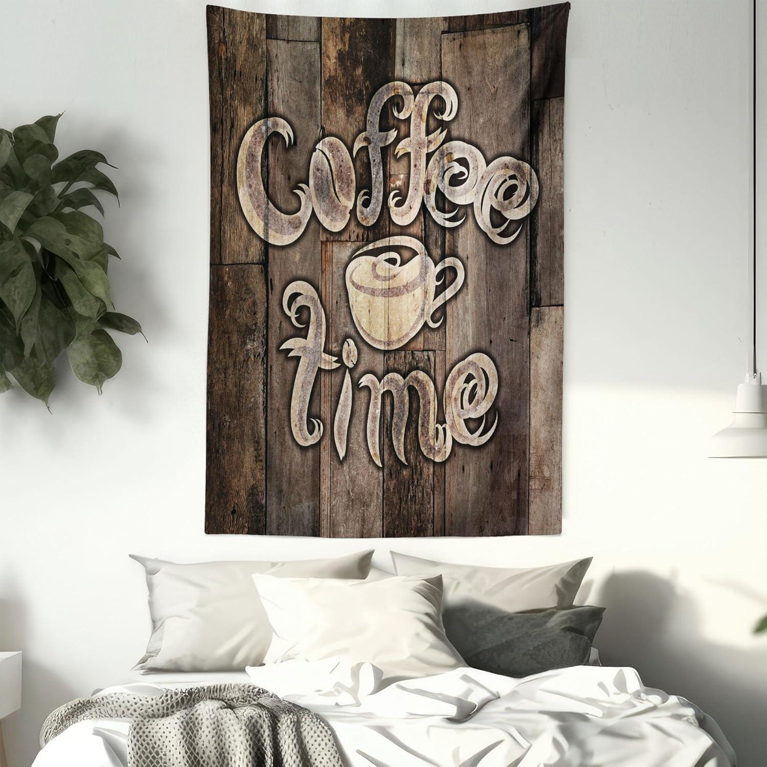 imageAmbesonne Modern Tapestry Coffee Time Phrase with a Cup on a Wooden Grunge Background Kitchen Image Fabric Wall Hanging Decor for Bedroom Living Room Dorm 30 X 45 Umber Cream Cocoa