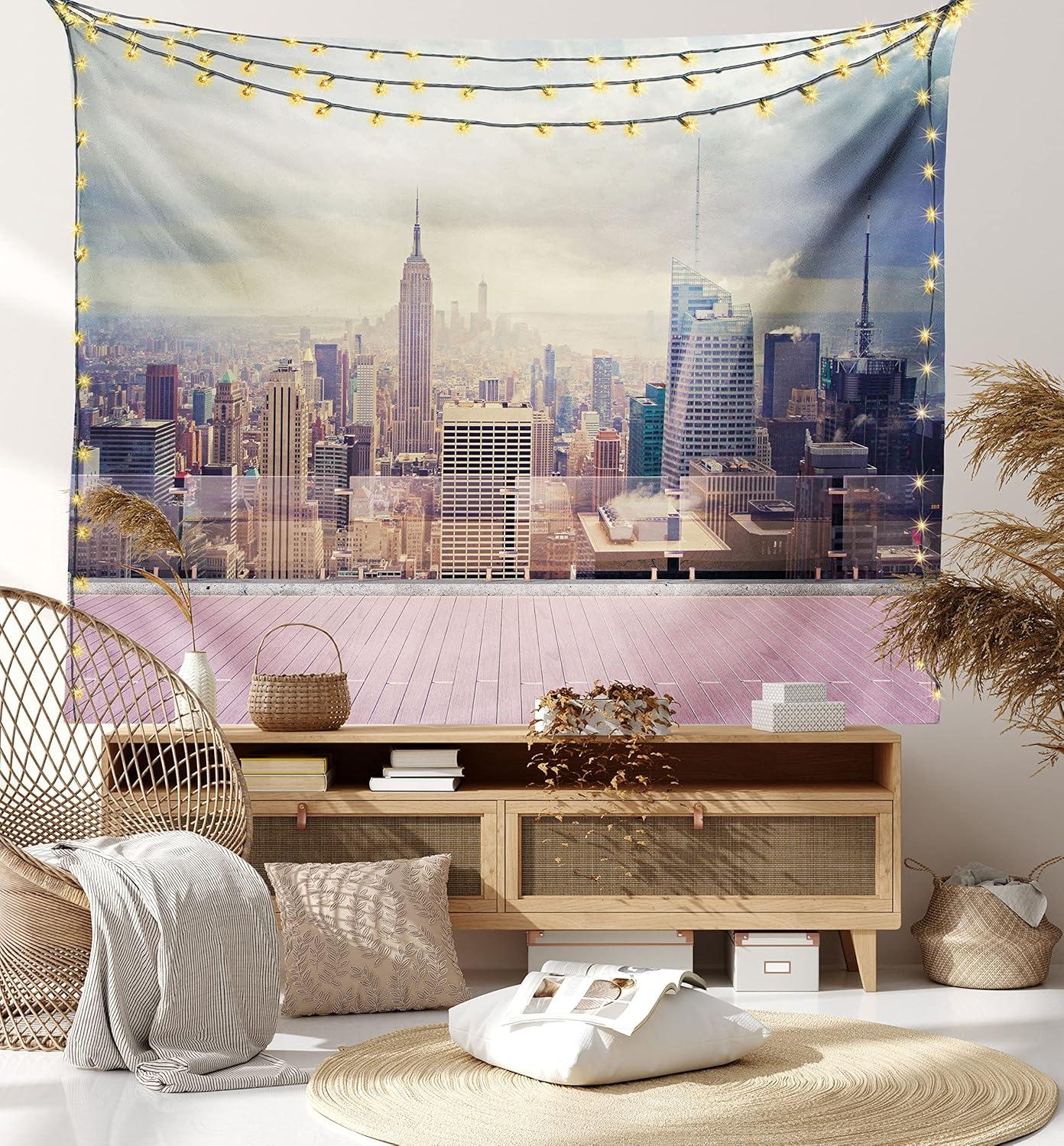 imageAmbesonne Modern Tapestry New York City USA Landscape from Roof Apartment Balcony Photograph Image Wide Wall Hanging for Bedroom Living Room Dorm 80 X 60 Grey White and Pink