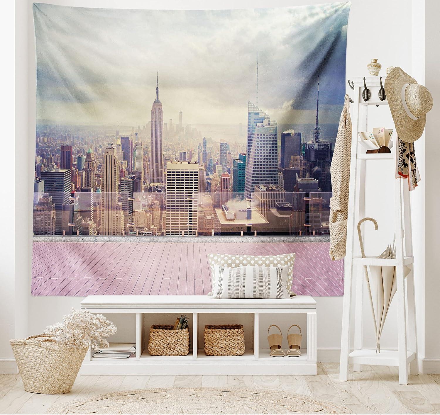 imageAmbesonne Modern Tapestry New York City USA Landscape from Roof Apartment Balcony Photograph Image Wide Wall Hanging for Bedroom Living Room Dorm 80 X 60 Grey White and Pink