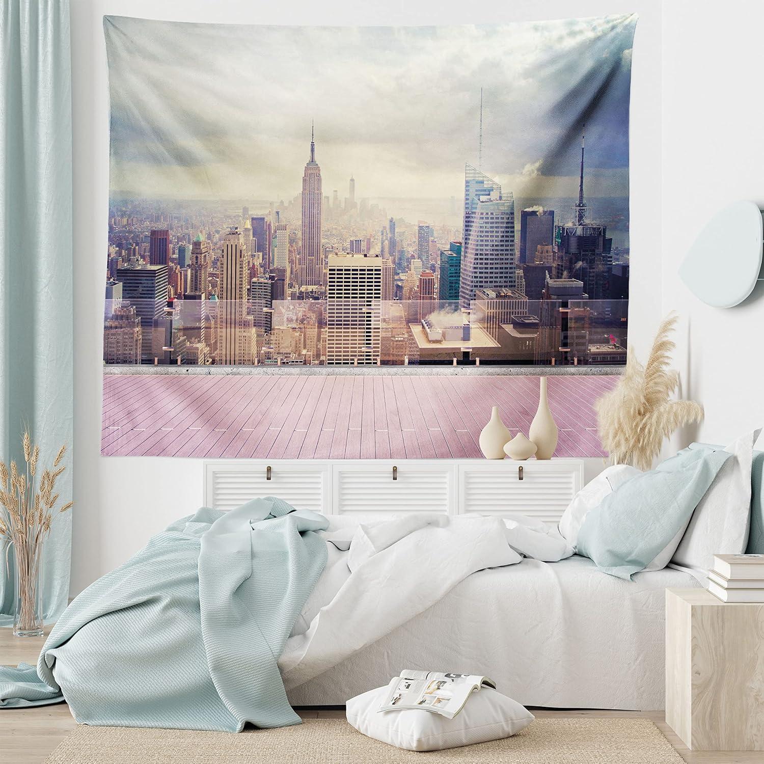 imageAmbesonne Modern Tapestry New York City USA Landscape from Roof Apartment Balcony Photograph Image Wide Wall Hanging for Bedroom Living Room Dorm 80 X 60 Grey White and Pink