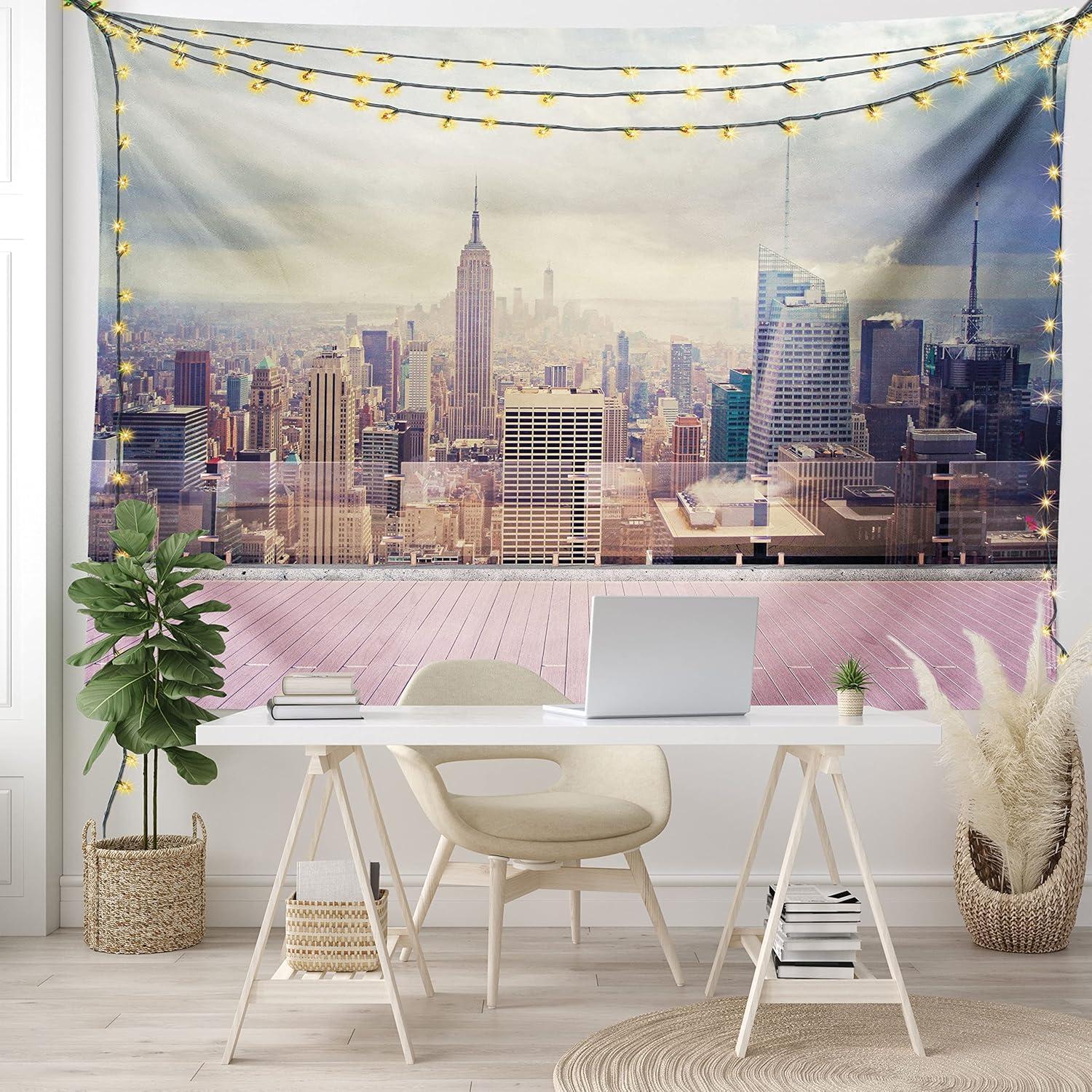 imageAmbesonne Modern Tapestry New York City USA Landscape from Roof Apartment Balcony Photograph Image Wide Wall Hanging for Bedroom Living Room Dorm 80 X 60 Grey White and Pink