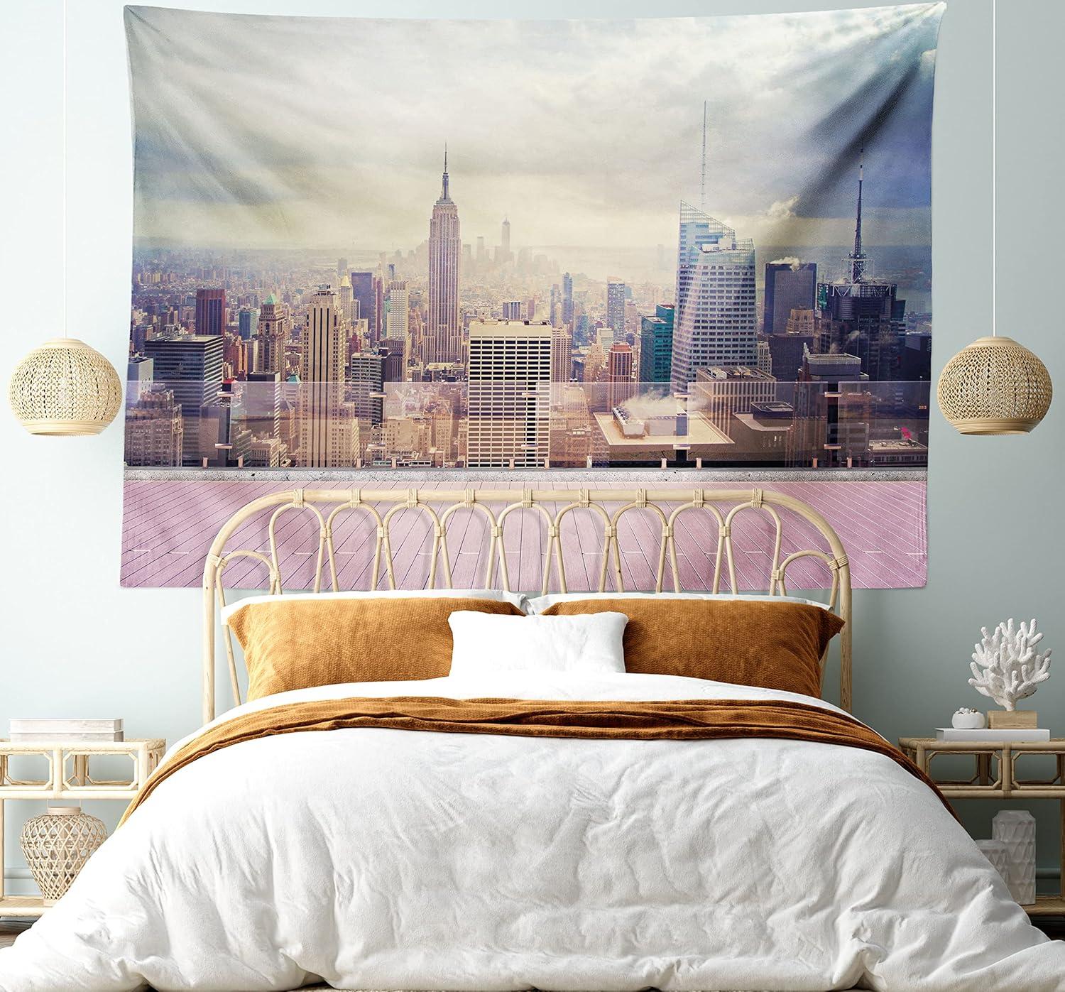 imageAmbesonne Modern Tapestry New York City USA Landscape from Roof Apartment Balcony Photograph Image Wide Wall Hanging for Bedroom Living Room Dorm 80 X 60 Grey White and Pink
