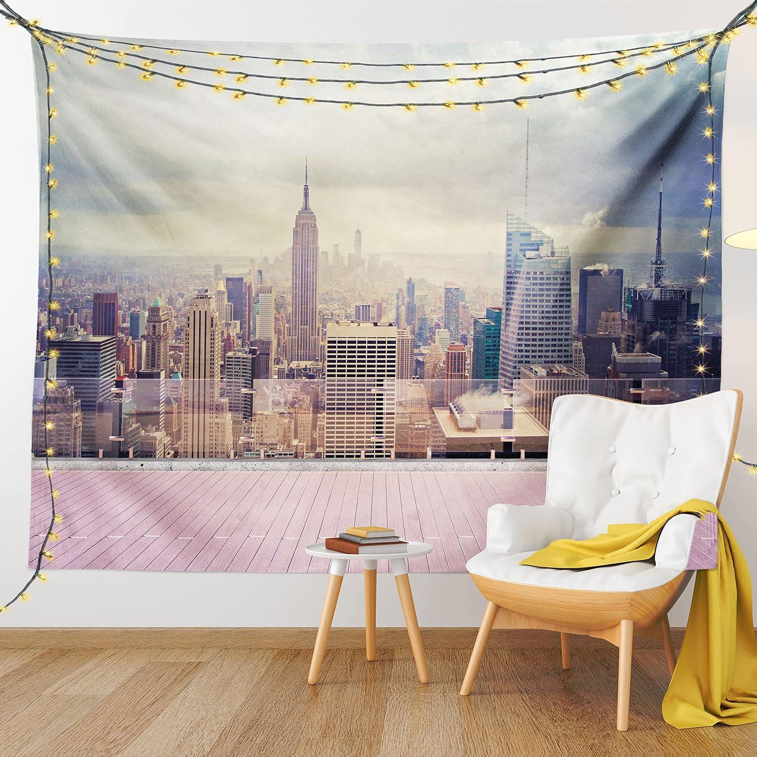 imageAmbesonne Modern Tapestry New York City USA Landscape from Roof Apartment Balcony Photograph Image Wide Wall Hanging for Bedroom Living Room Dorm 80 X 60 Grey White and Pink