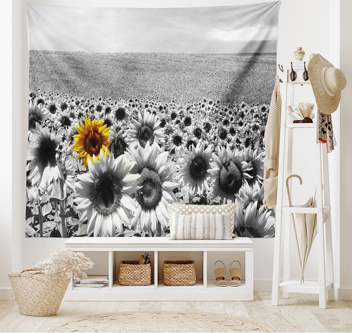 imageAmbesonne Modern Tapestry Sunflower Field Black and White a Single Yellow Flower Spring Landscape Individuality Wide Wall Hanging for Bedroom Living Room Dorm 60 X 40 Grey