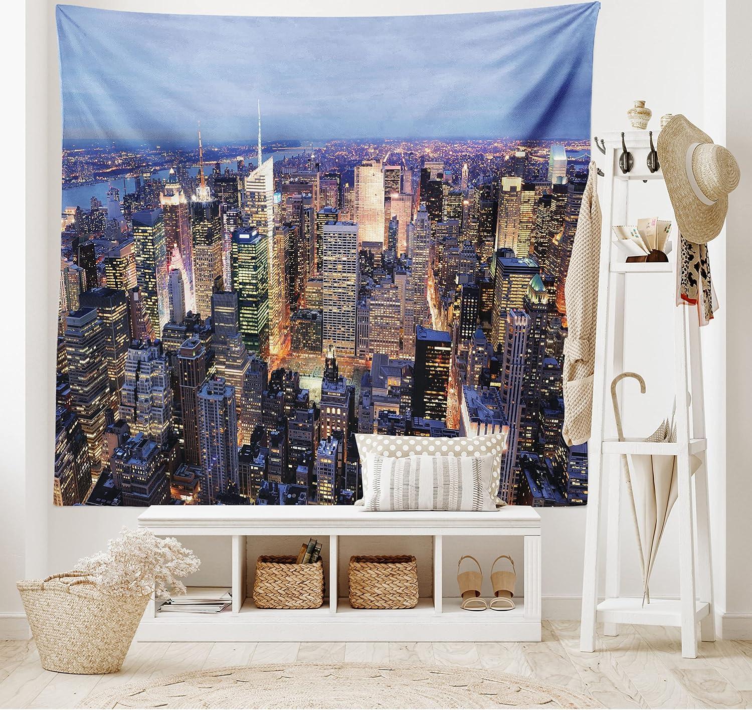 imageAmbesonne New York Tapestry Aerial View of NYC Full of Skyscrapers Manhattan Times Square Famous Cityscape Panorama Fabric Wall Hanging Decor for Bedroom Living Room Dorm 45 X 30 Blue