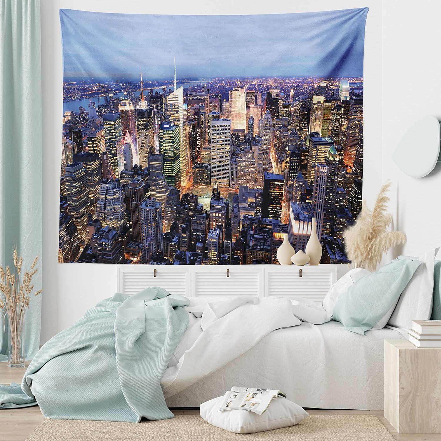imageAmbesonne New York Tapestry Aerial View of NYC Full of Skyscrapers Manhattan Times Square Famous Cityscape Panorama Fabric Wall Hanging Decor for Bedroom Living Room Dorm 45 X 30 Blue