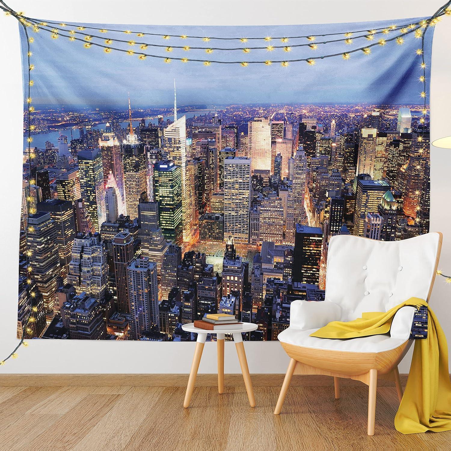 imageAmbesonne New York Tapestry Aerial View of NYC Full of Skyscrapers Manhattan Times Square Famous Cityscape Panorama Fabric Wall Hanging Decor for Bedroom Living Room Dorm 45 X 30 Blue