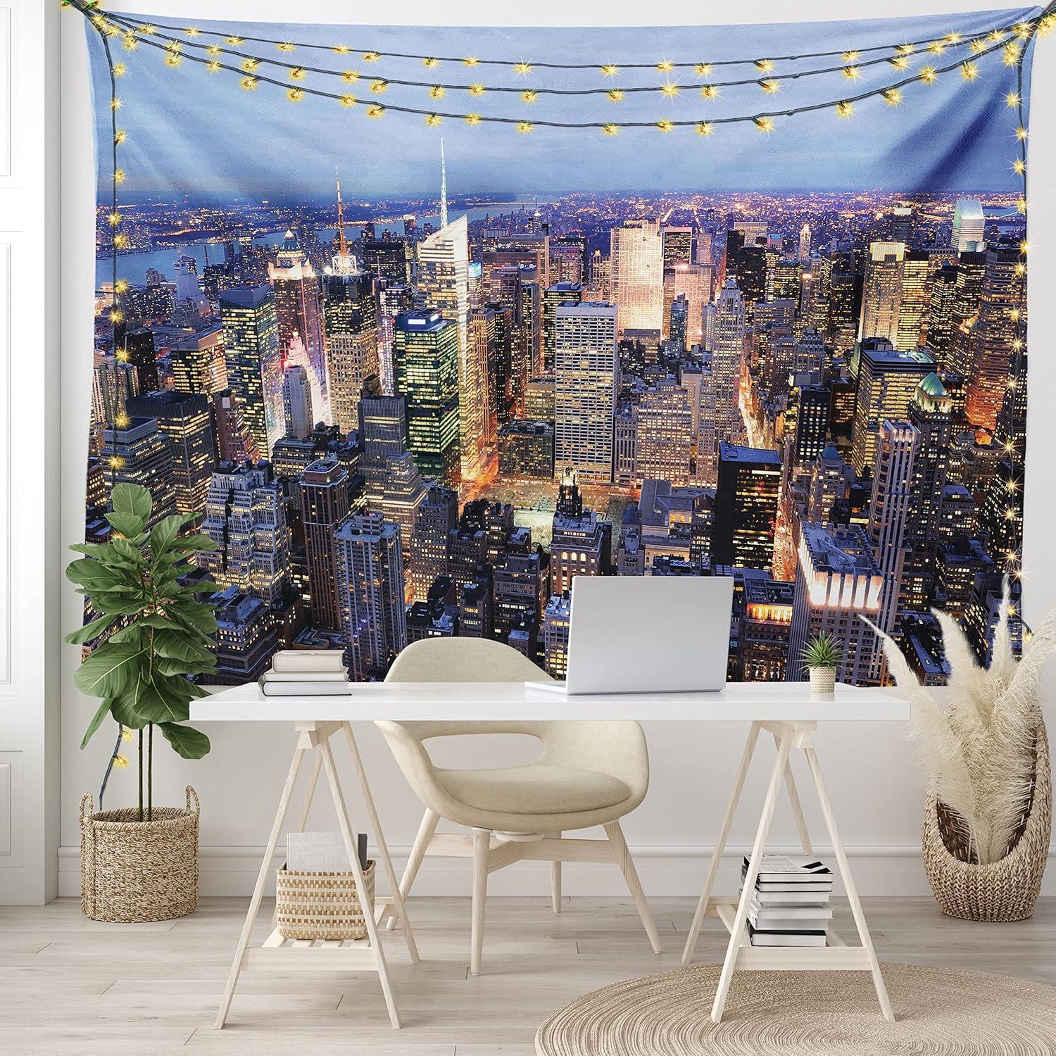 imageAmbesonne New York Tapestry Aerial View of NYC Full of Skyscrapers Manhattan Times Square Famous Cityscape Panorama Fabric Wall Hanging Decor for Bedroom Living Room Dorm 45 X 30 Blue