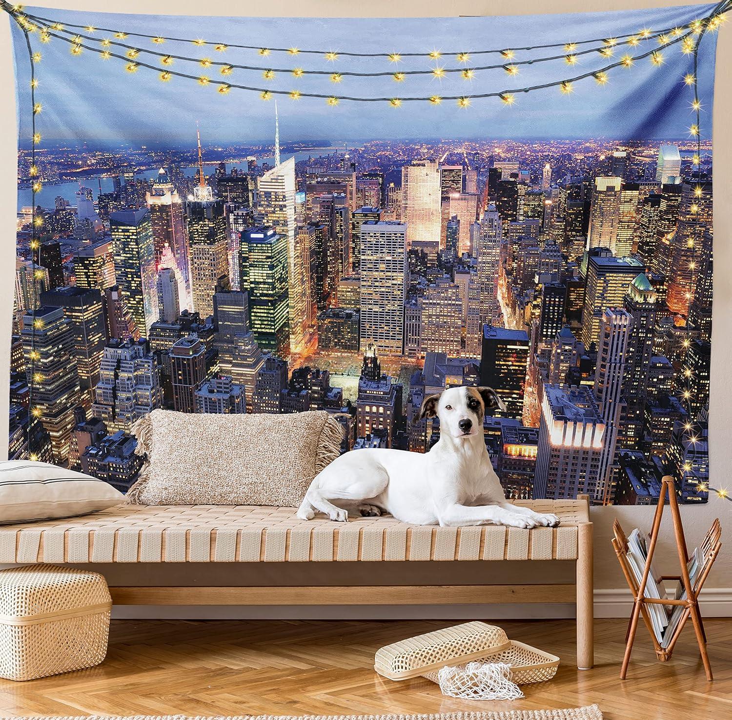 imageAmbesonne New York Tapestry Aerial View of NYC Full of Skyscrapers Manhattan Times Square Famous Cityscape Panorama Fabric Wall Hanging Decor for Bedroom Living Room Dorm 45 X 30 Blue