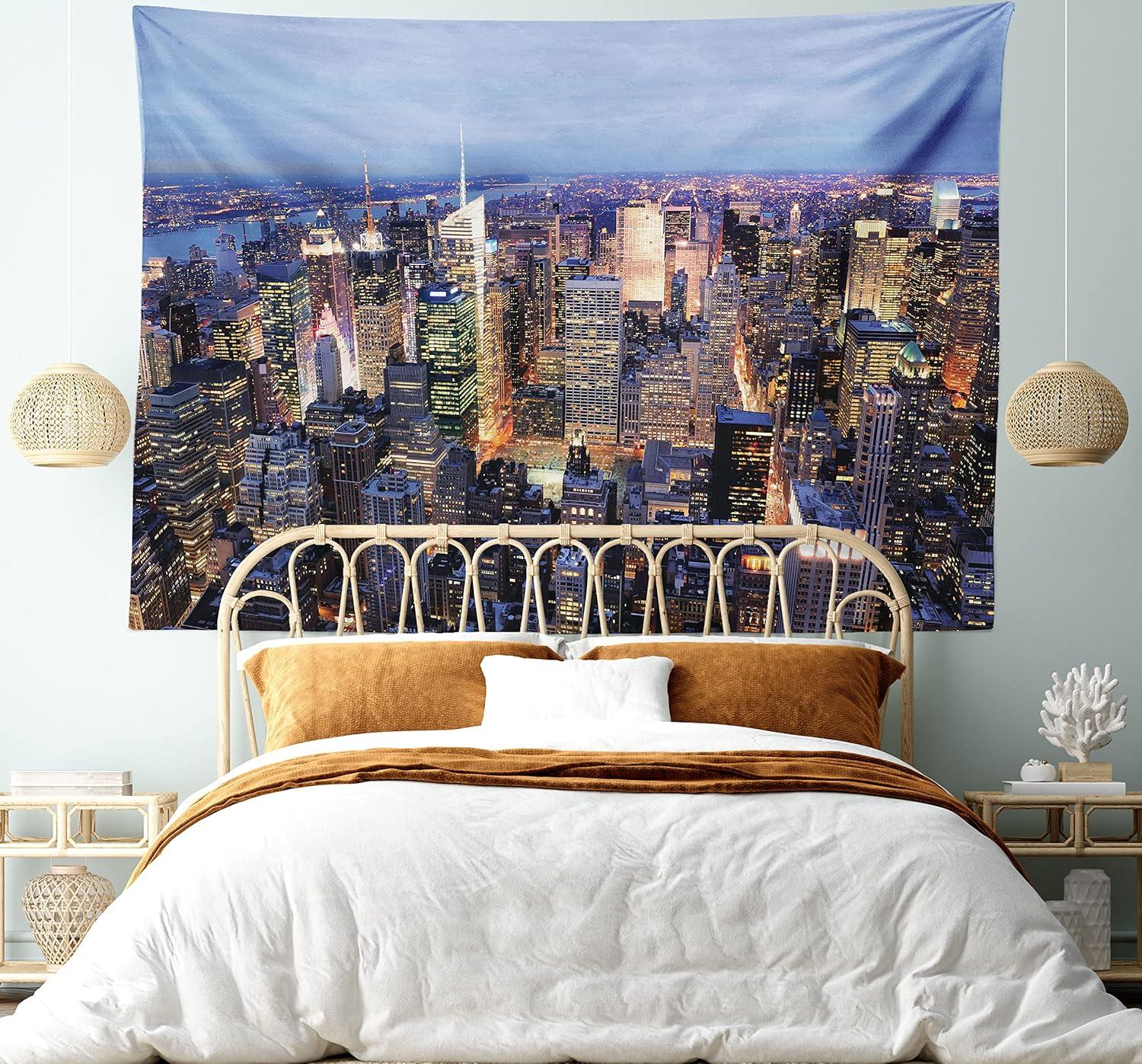 imageAmbesonne New York Tapestry Aerial View of NYC Full of Skyscrapers Manhattan Times Square Famous Cityscape Panorama Fabric Wall Hanging Decor for Bedroom Living Room Dorm 45 X 30 Blue