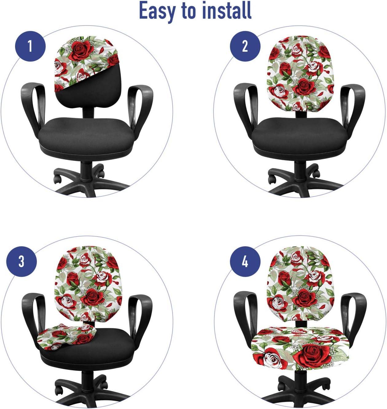 imageAmbesonne Valentines Day Office Chair Slipcover Classic Romantic Rose Flowers Branches Bouquet on Plain Backdrop Protective Stretch Decorative Fabric Cover Standard Size White Ruby and Green