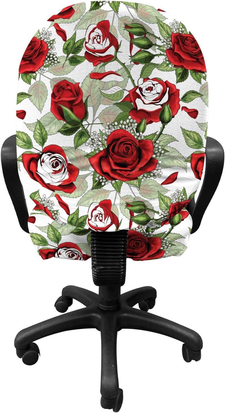imageAmbesonne Valentines Day Office Chair Slipcover Classic Romantic Rose Flowers Branches Bouquet on Plain Backdrop Protective Stretch Decorative Fabric Cover Standard Size White Ruby and Green