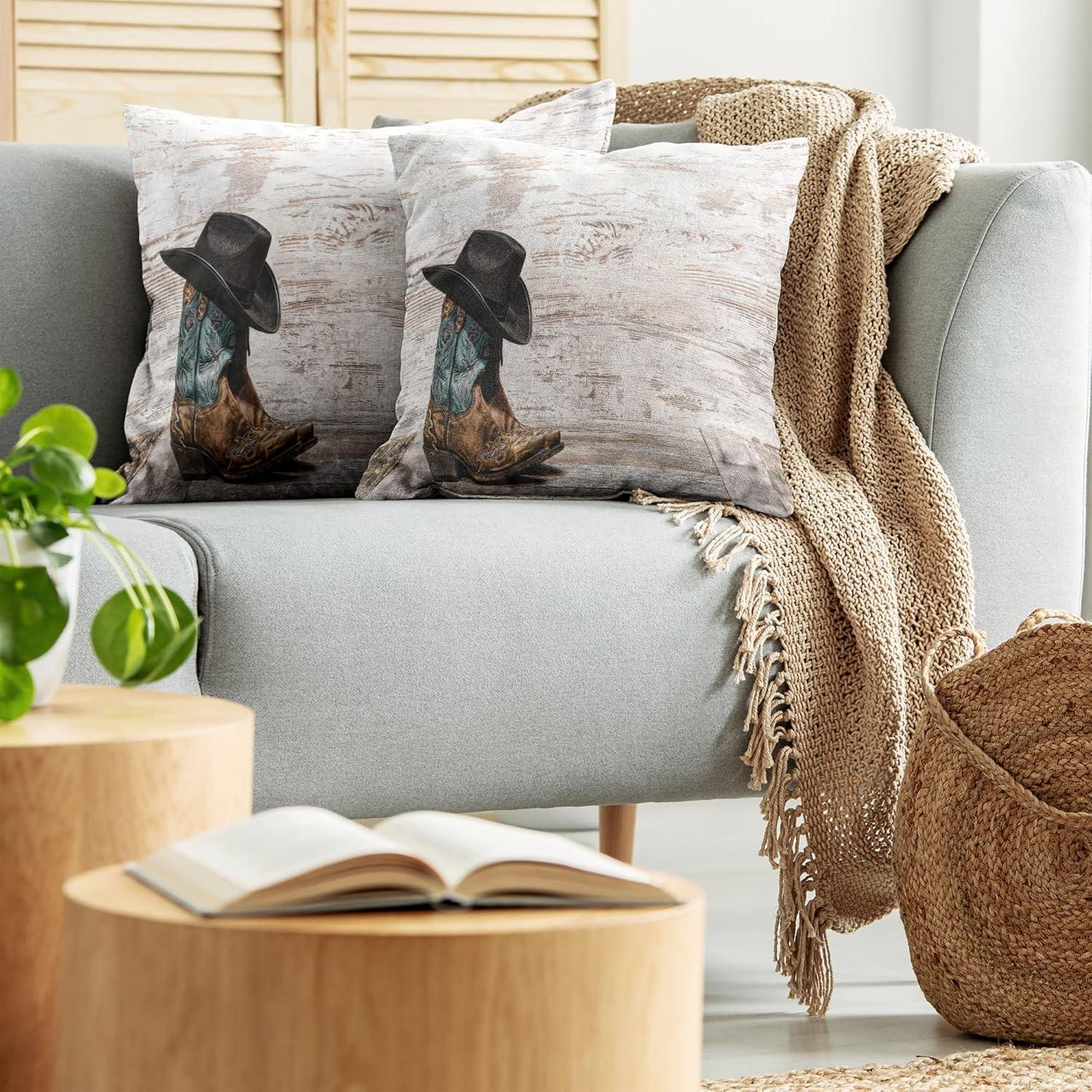 imageAmbesonne Western Decorative Throw Pillow Case Pack of 2 Traditional Rodeo Cowboy Hat and Cowgirl Boots Retro Grunge Background Art Photo Couch Bedroom Living Room Cushion Cover 20 Brown BlackBrown Black
