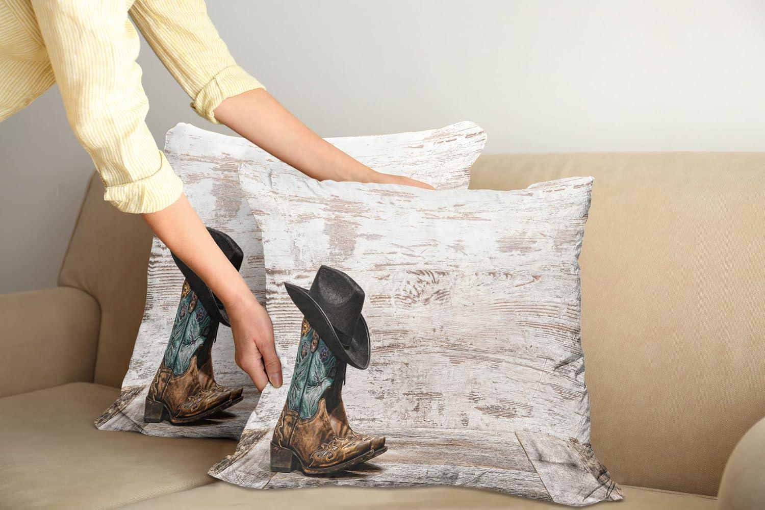 imageAmbesonne Western Decorative Throw Pillow Case Pack of 2 Traditional Rodeo Cowboy Hat and Cowgirl Boots Retro Grunge Background Art Photo Couch Bedroom Living Room Cushion Cover 20 Brown BlackBrown Black
