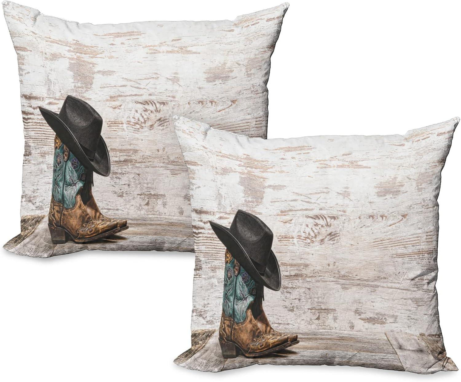 imageAmbesonne Western Decorative Throw Pillow Case Pack of 2 Traditional Rodeo Cowboy Hat and Cowgirl Boots Retro Grunge Background Art Photo Couch Bedroom Living Room Cushion Cover 20 Brown BlackBrown Black