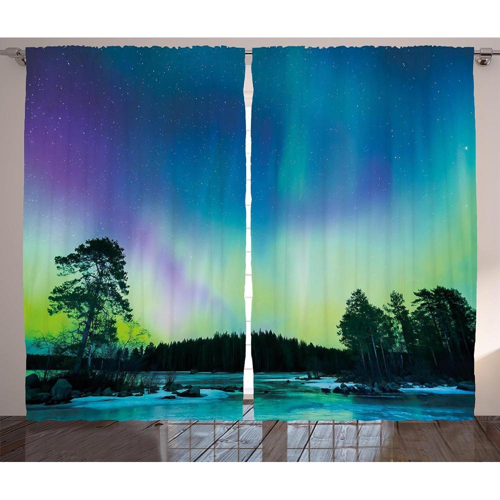 imageAmbesonne Aurora Borealis Curtains Sky Over Lake Surrounded Forest Woods Hemisphere Print Living Room Bedroom Window Drapes 2 Panel Set 108 X 84 Violet Green