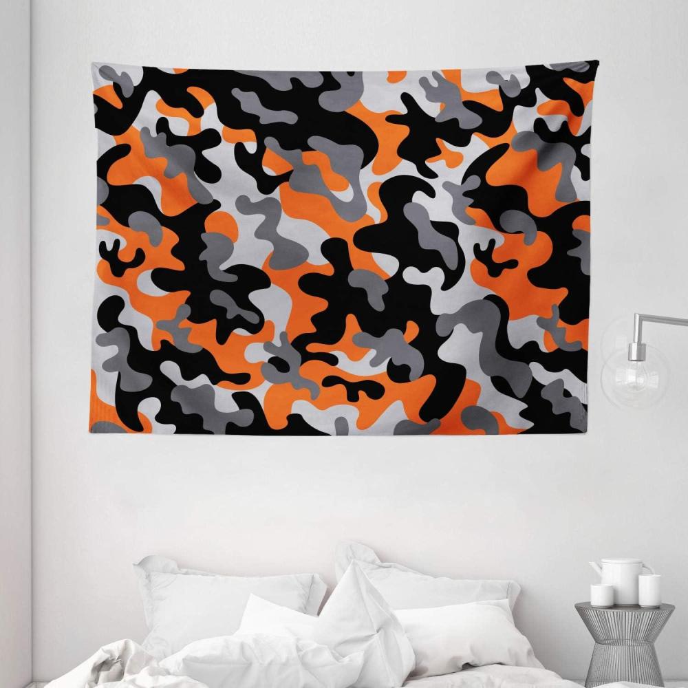 imageAmbesonne Camo Tapestry Vibrant Artistic Camouflage Lattice Like Service Theme Modern Design Print Wall Hanging for Bedroom Living Room Dorm 80 X 60 Orange Grey Black