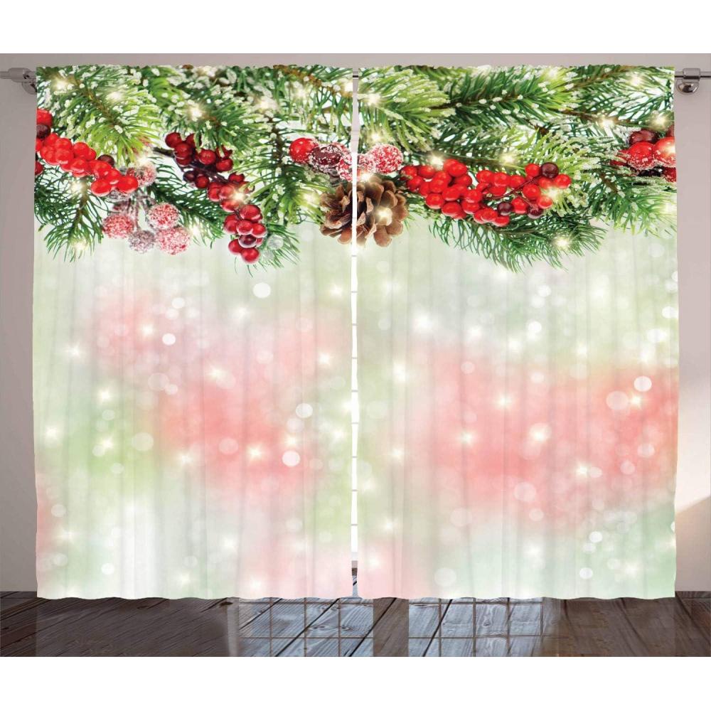 imageAmbesonne Christmas Curtains Evergreen Fir Branches Red Ripe Holly Berries Blurred Backdrop Garland Living Room Bedroom Window Drapes 2 Panel Set 108 X 96 Red Green Brown