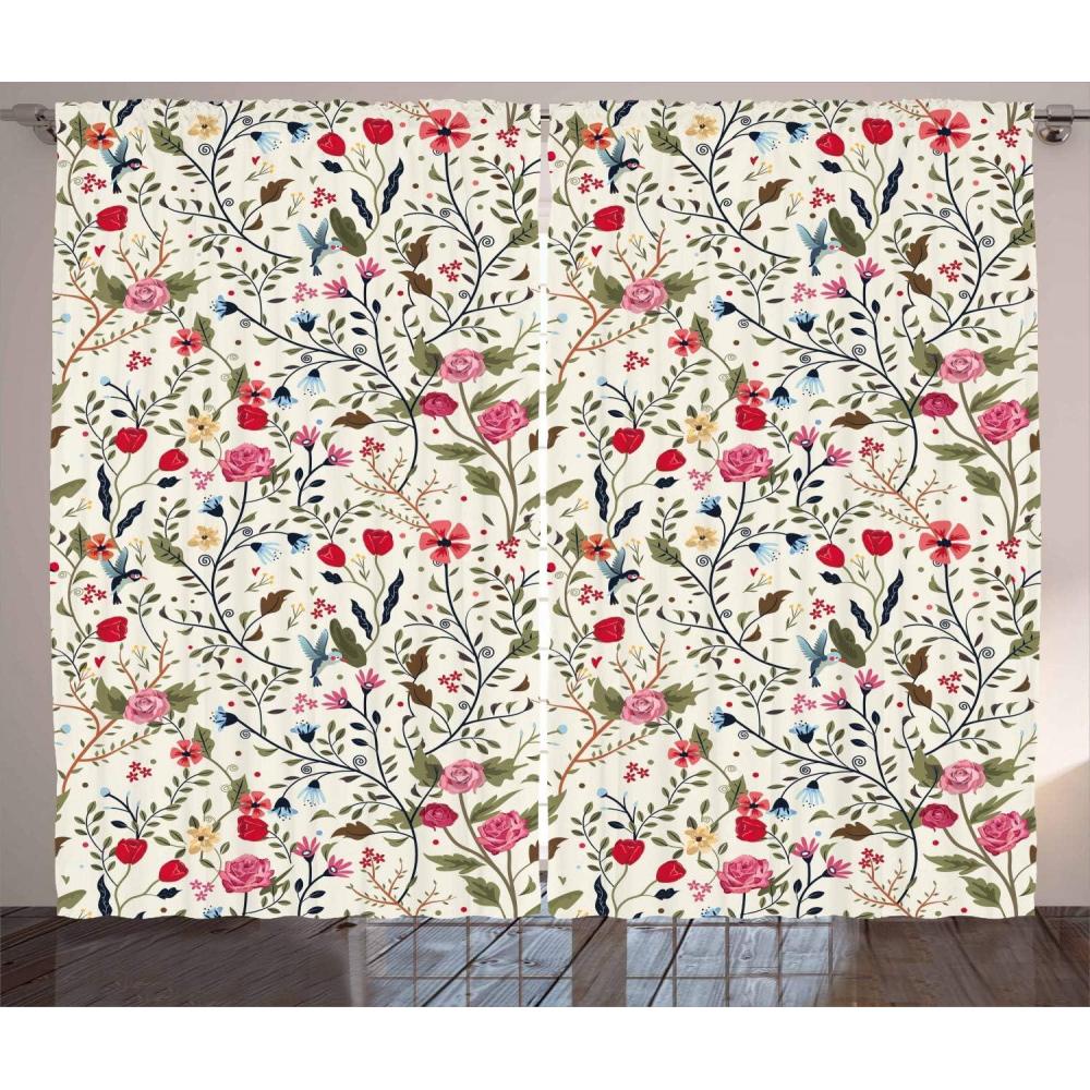imageAmbesonne Floral Curtains Vibrant Colored Complex Image Birds with Roses Leaves and Polka Dots Nature Scenery Living Room Bedroom Window Drapes 2 Panel Set 108 X 90 Pale Cream Pink