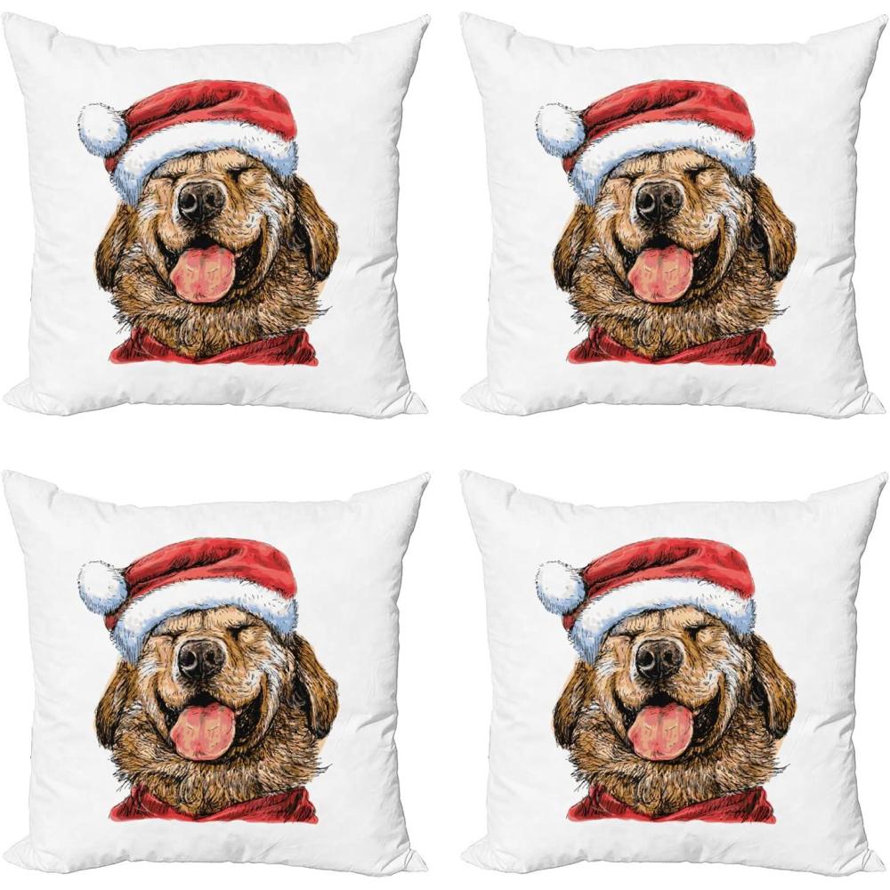 imageAmbesonne Labrador Decorative Throw Pillow Case Pack of 4 Funny Terrier Smiling in Xmas Dress Santa Clause Hat Celebration Theme Cushion Cover for Couch Living Room Car 20 Dark Coral Caramel24