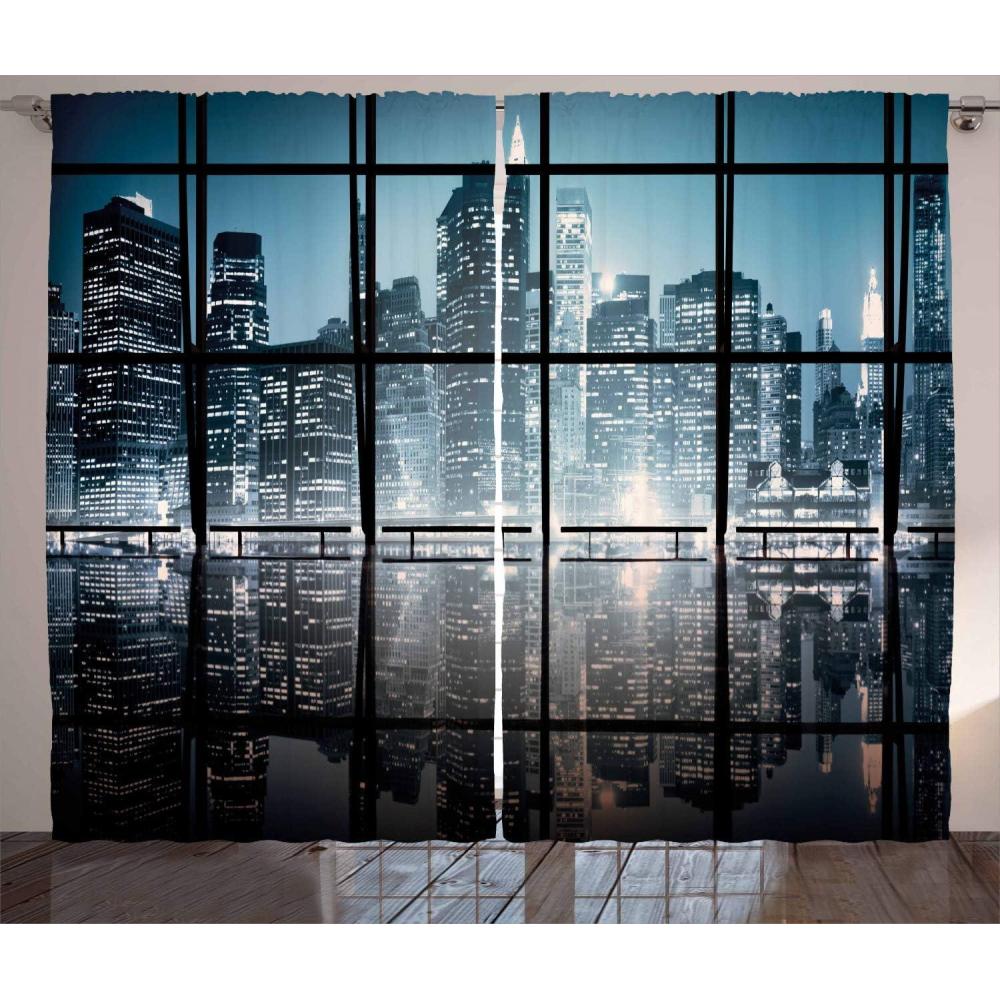 imageAmbesonne Modern Curtains Modern New York City Scenery at Night with Skyscrapers Buildings Print Living Room Bedroom Window Drapes 2 Panel Set 108 X 108 Black Blue