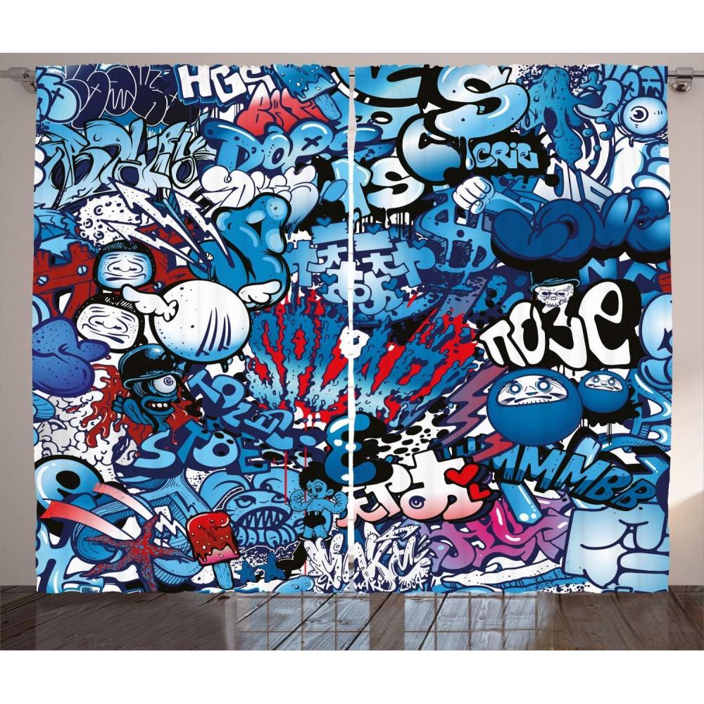 imageAmbesonne Modern Curtains Teenager Style Image Street Wall Graffiti Graphic Colorful Design Art Print Living Room Bedroom Window Drapes 2 Panel Set 108 X 108 Soft Blue