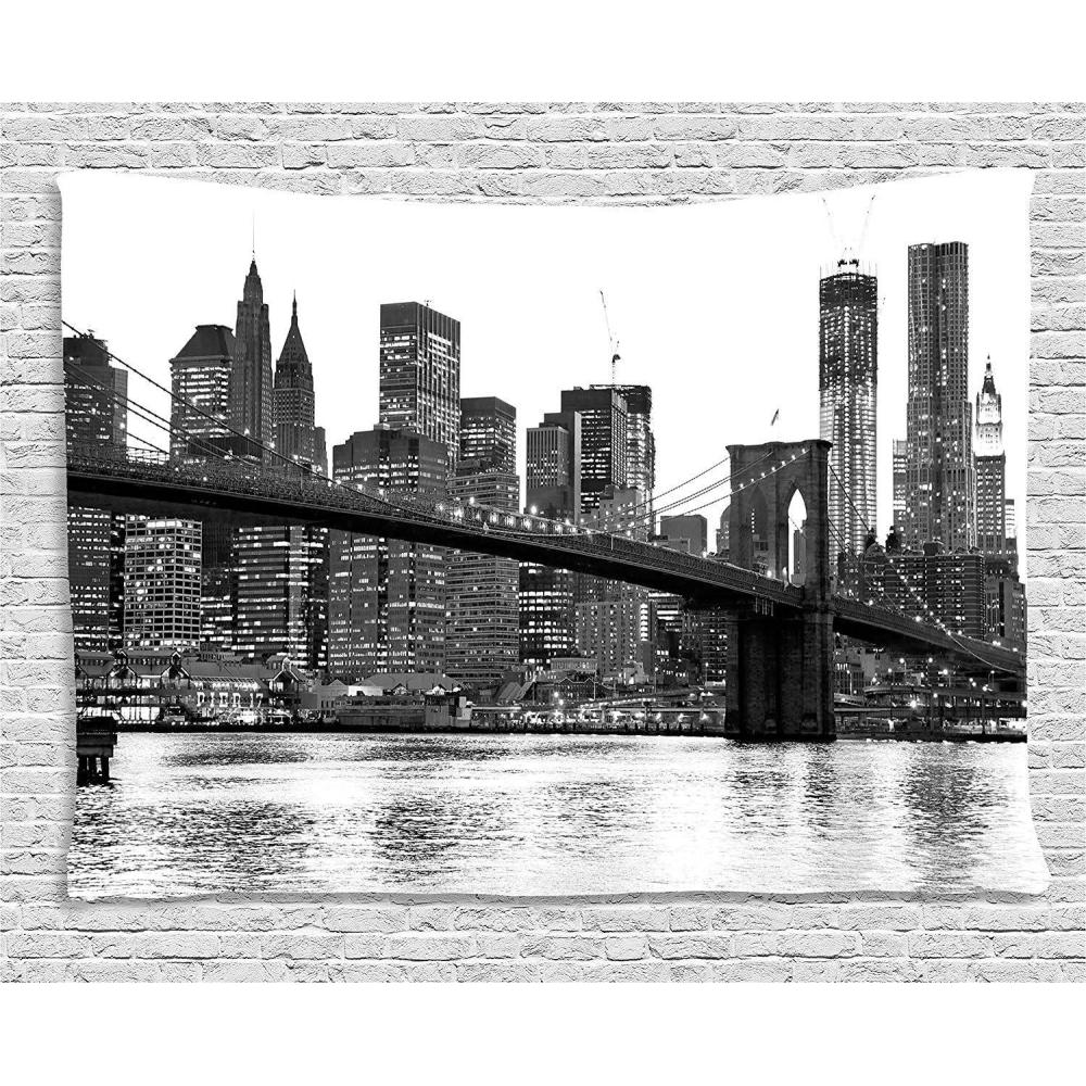 imageAmbesonne Modern Tapestry Brooklyn Bridge Sunset Manhattan American New York City Famous Town Image Wide Wall Hanging for Bedroom Living Room Dorm 80 X 60 Black White