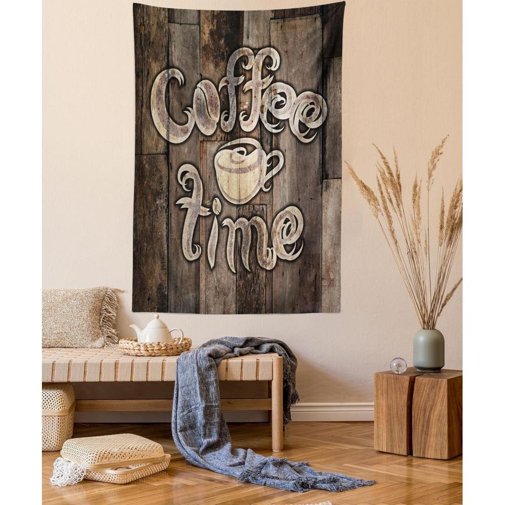 imageAmbesonne Modern Tapestry Coffee Time Phrase with a Cup on a Wooden Grunge Background Kitchen Image Fabric Wall Hanging Decor for Bedroom Living Room Dorm 30 X 45 Umber Cream Cocoa
