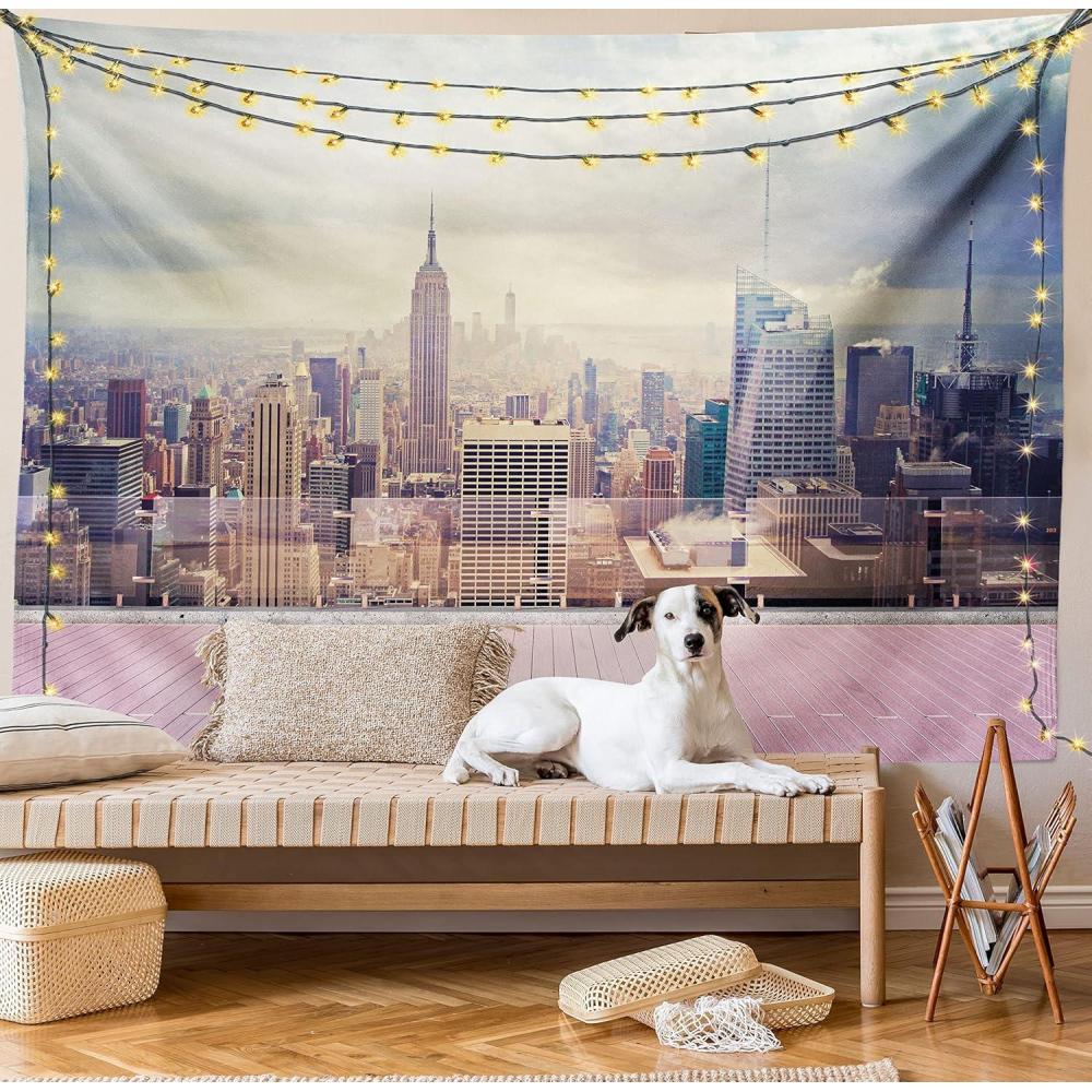 imageAmbesonne Modern Tapestry New York City USA Landscape from Roof Apartment Balcony Photograph Image Wide Wall Hanging for Bedroom Living Room Dorm 80 X 60 Grey White and Pink