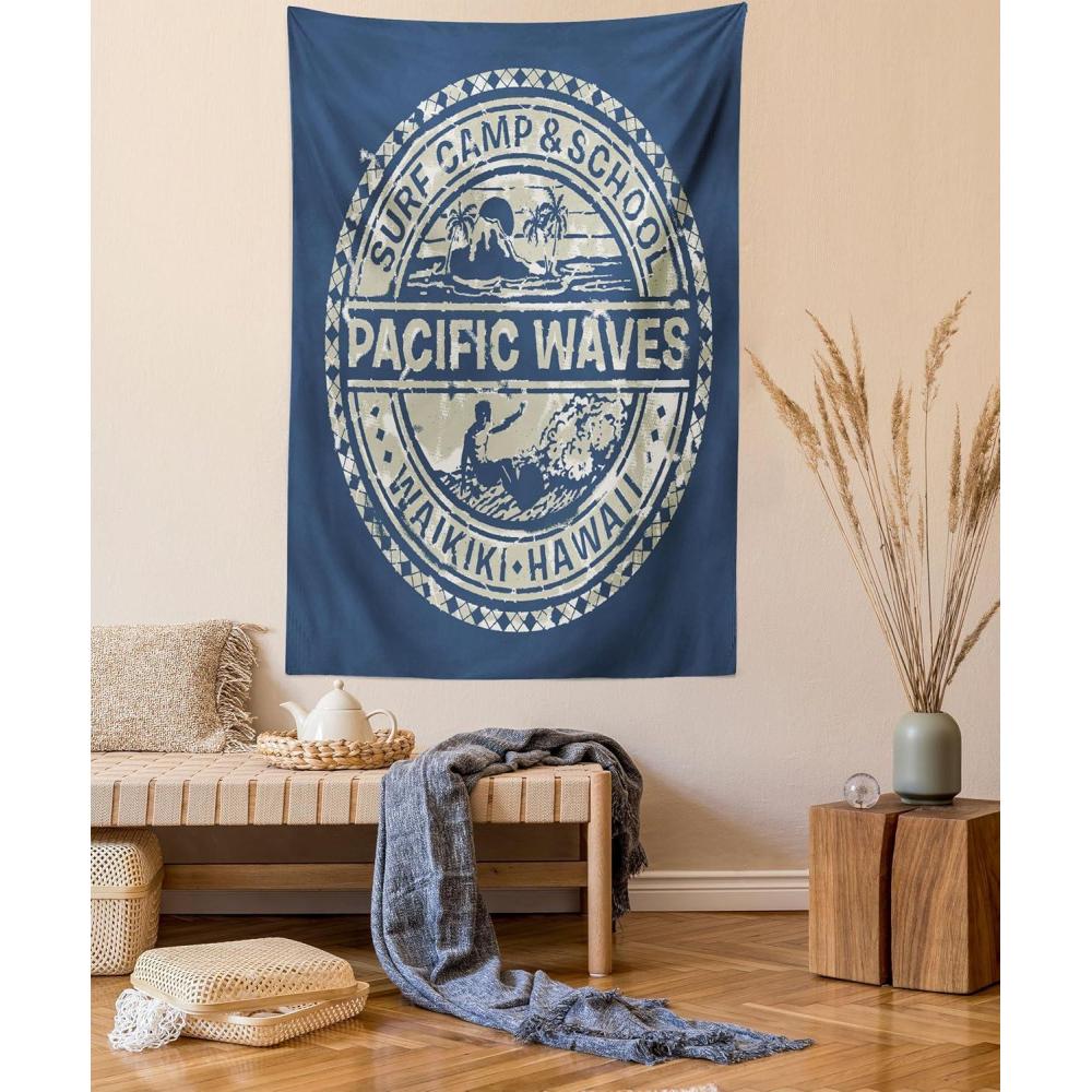 imageAmbesonne Modern Tapestry Pacific Waves Surf Camp and Hawaii Logo Motif Effects Design Wall Hanging for Bedroom Living Room Dorm Decor 60 X 80 Khaki Slate Blue
