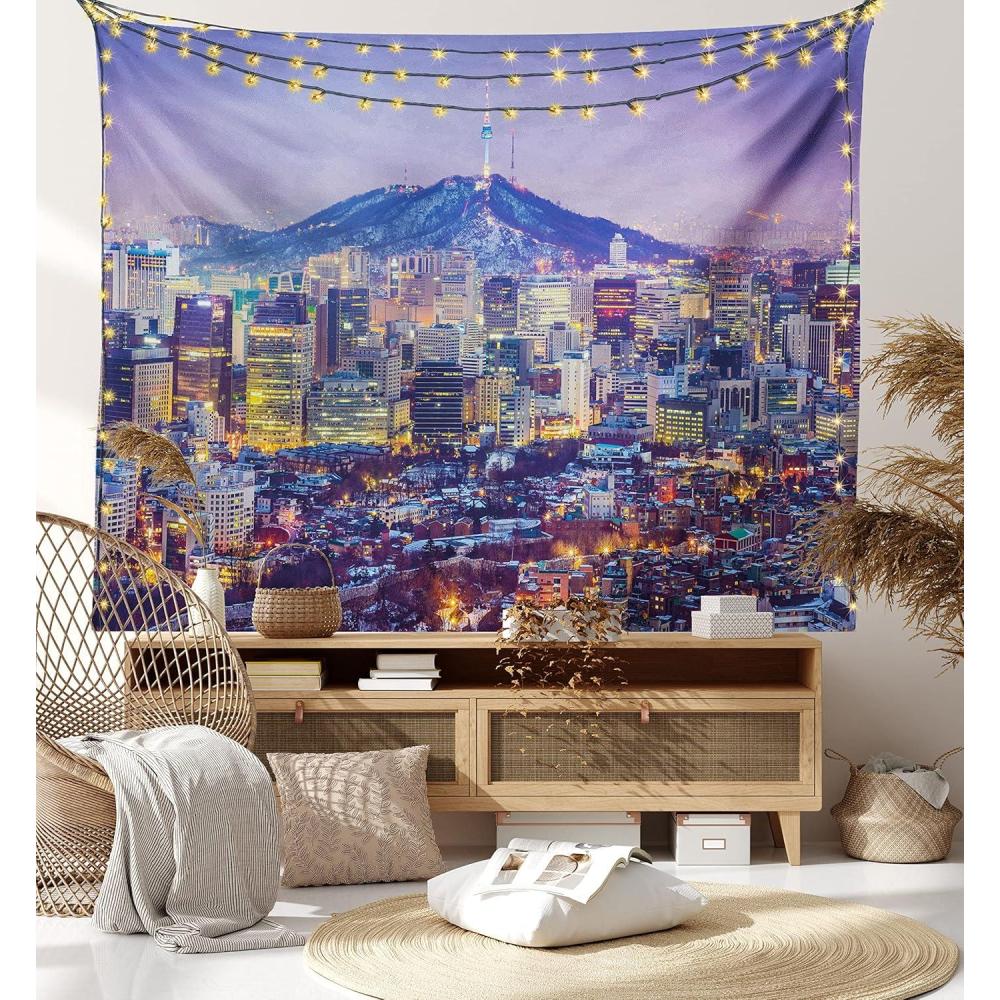 imageAmbesonne Modern Tapestry Skyline of Seou South Korea Cityscape with Buildings Skyscrapers Urban View at Night Wide Wall Hanging for Bedroom Living Room Dorm 80 X 60 Indigo Blue